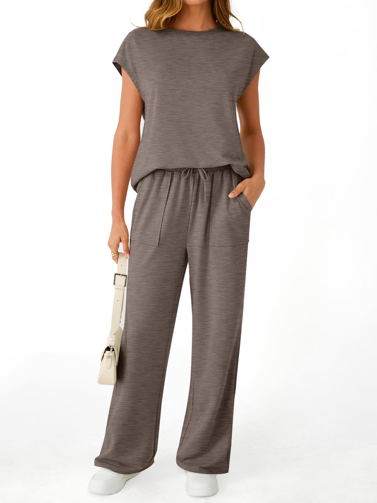 AUTOMET Women's 2 Piece Lounge Set Casual Cap Sleeve Top Wide Leg Pants Summer Vacation Outfits