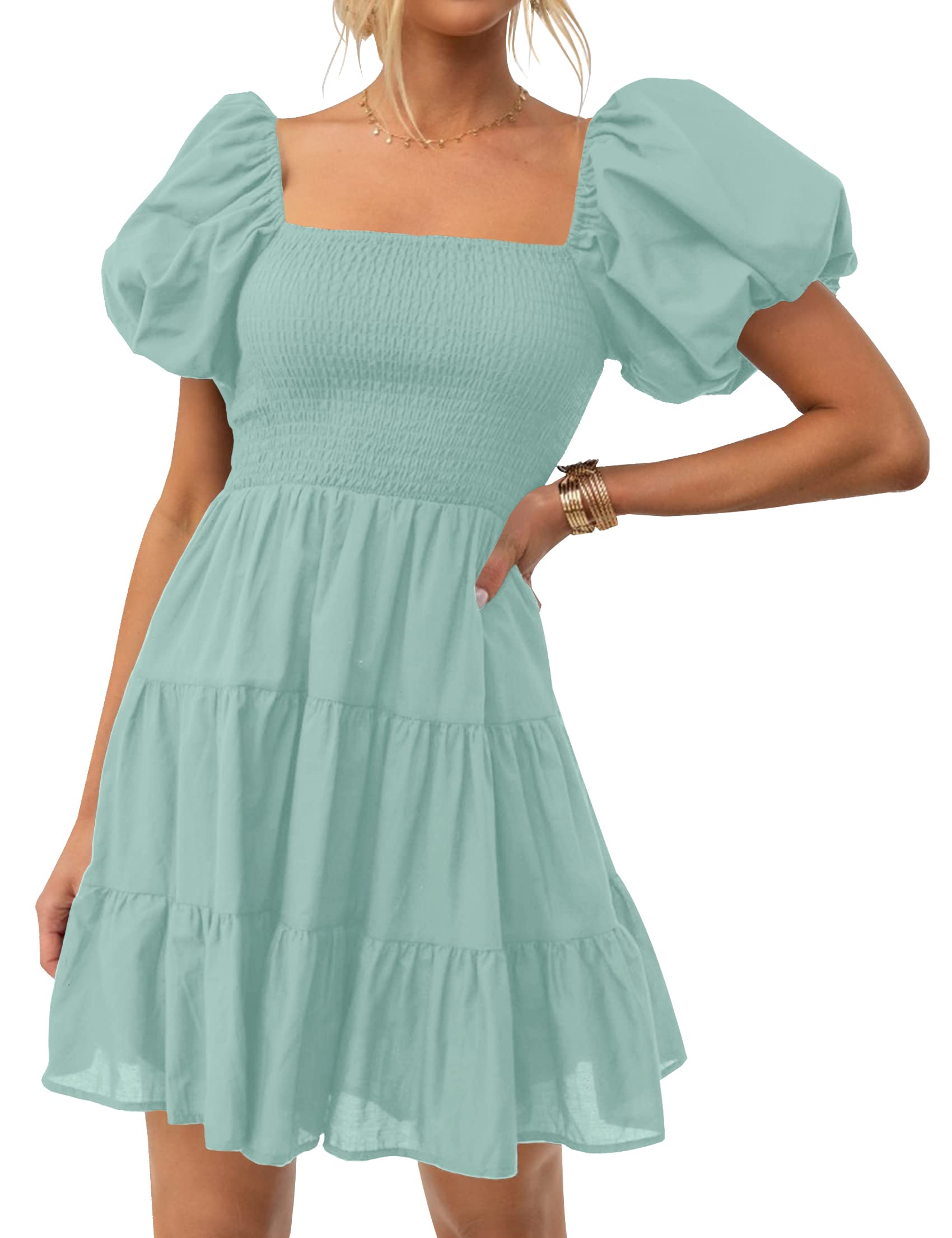 ZESICA Women's Boho 2026 Summer Square Neck Puff Sleeve Off Shoulder Smocked Tiered Casual A Line Short Mini Dress