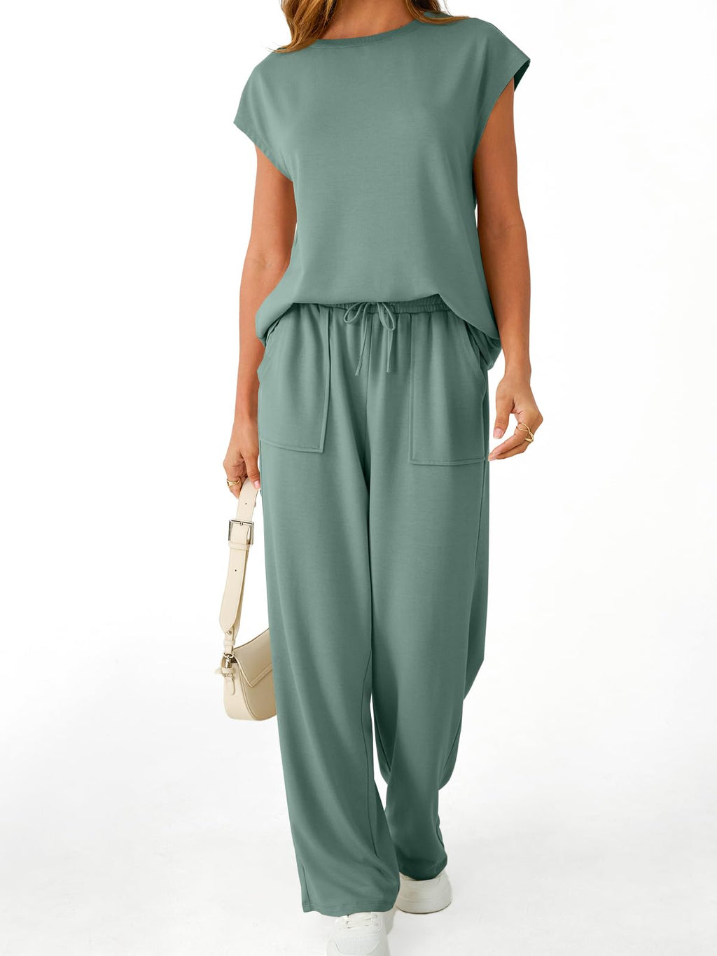 AUTOMET Women's 2 Piece Lounge Set Casual Cap Sleeve Top Wide Leg Pants Summer Vacation Outfits