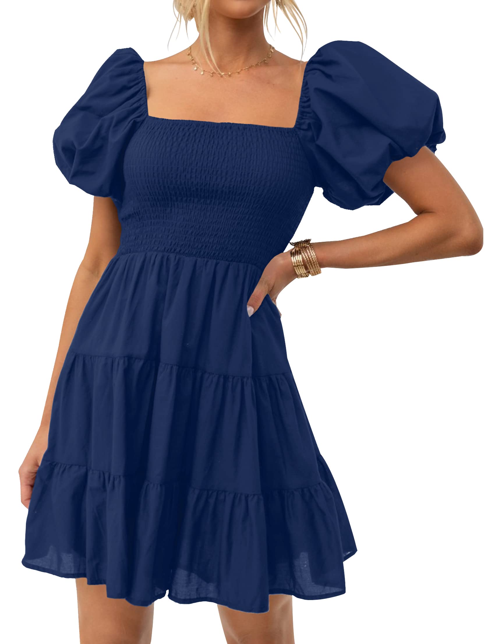 ZESICA Women's Boho 2026 Summer Square Neck Puff Sleeve Off Shoulder Smocked Tiered Casual A Line Short Mini Dress