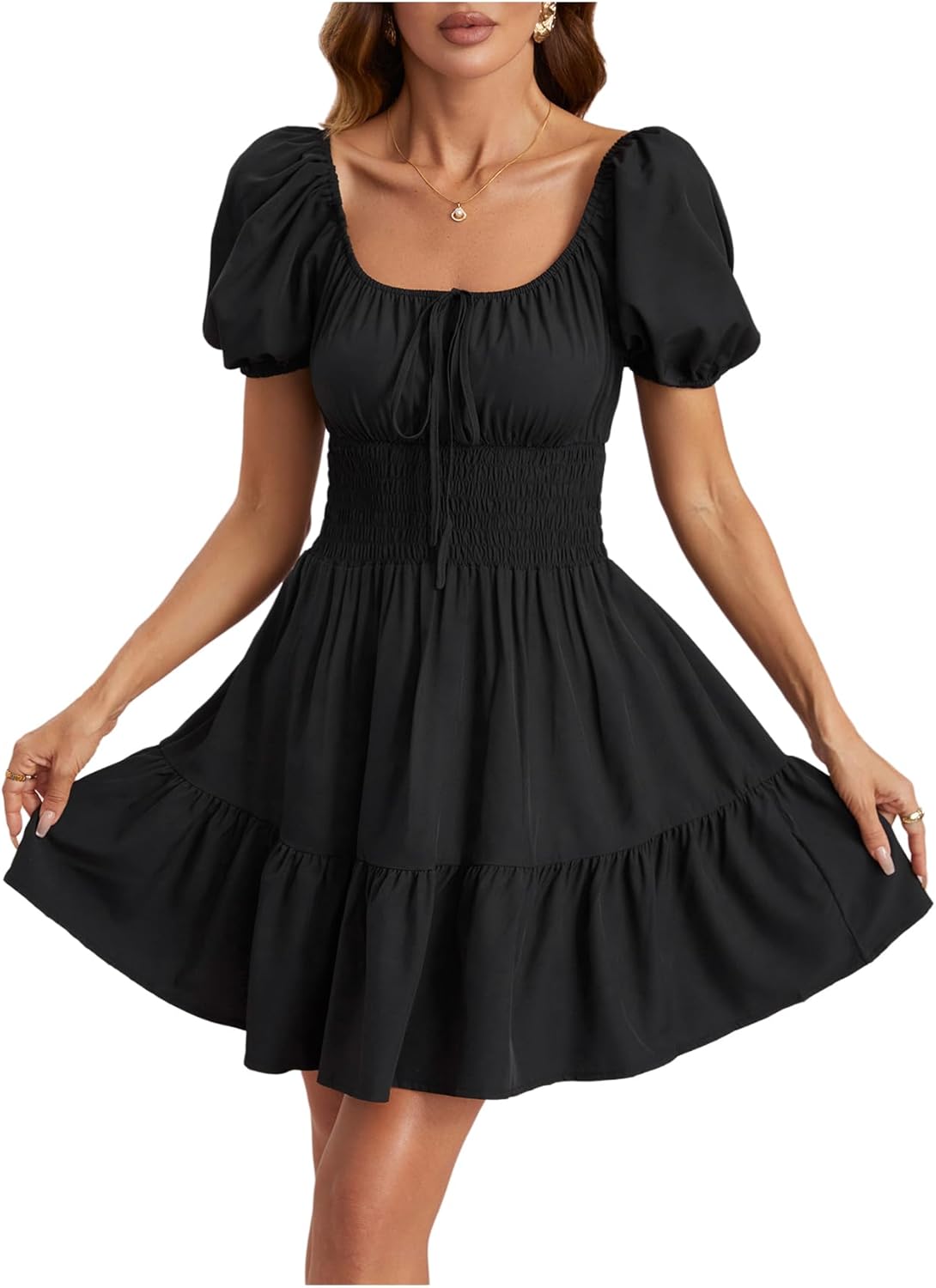 Floerns Women's Boho Square Neck Puff Short Sleeve Self Tie Front A Line Dress