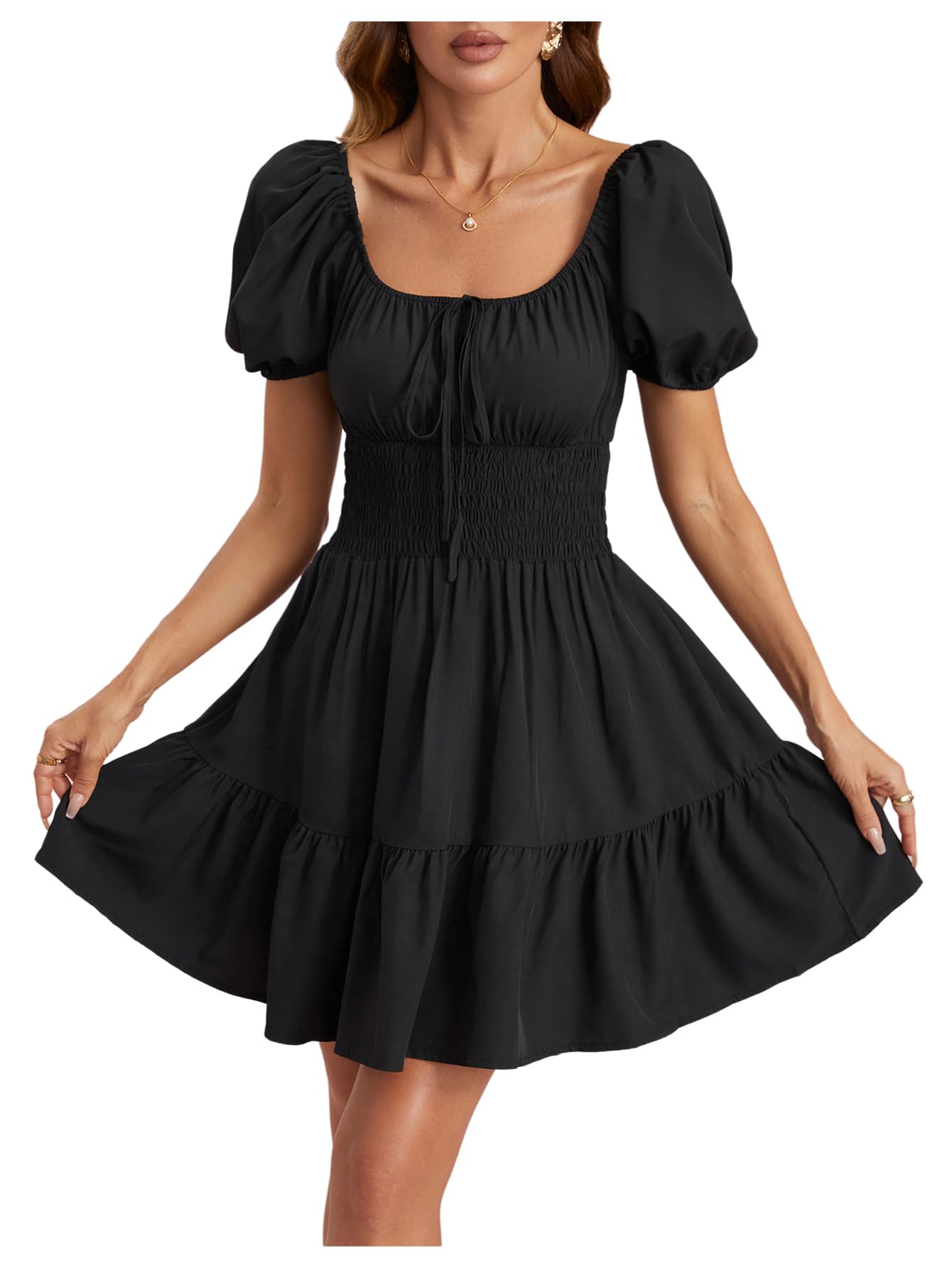 Floerns Women's Boho Square Neck Puff Short Sleeve Self Tie Front A Line Dress