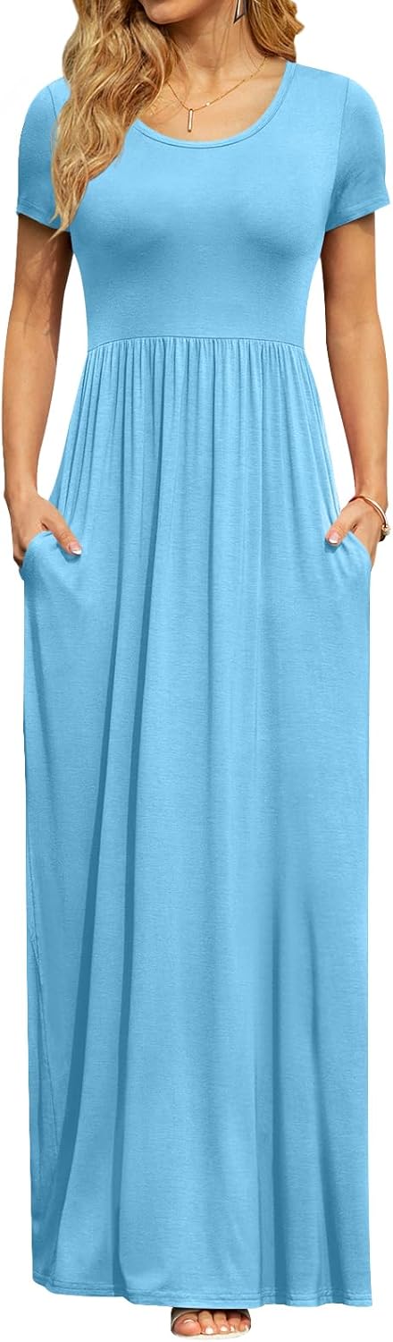 DB MOON Womens 2026 Summer Maxi Dresses Casual Short Sleeve Empire Waist Spring Long Dress with Pockets