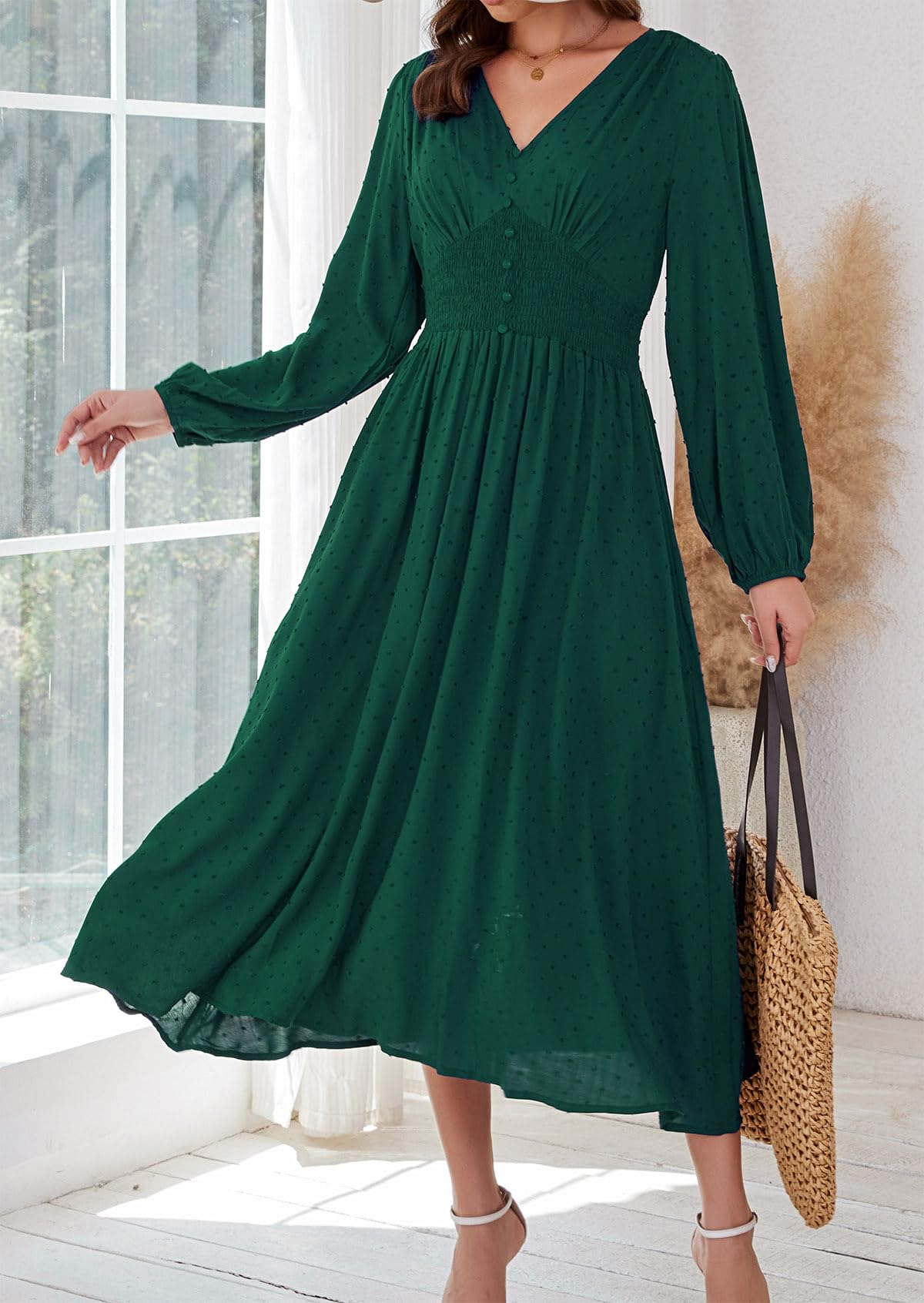 Kormei Women Casual Boho V Neck Long Sleeve Swiss Dot Smocked High Waist A Line Swing Fall Midi Long Dress