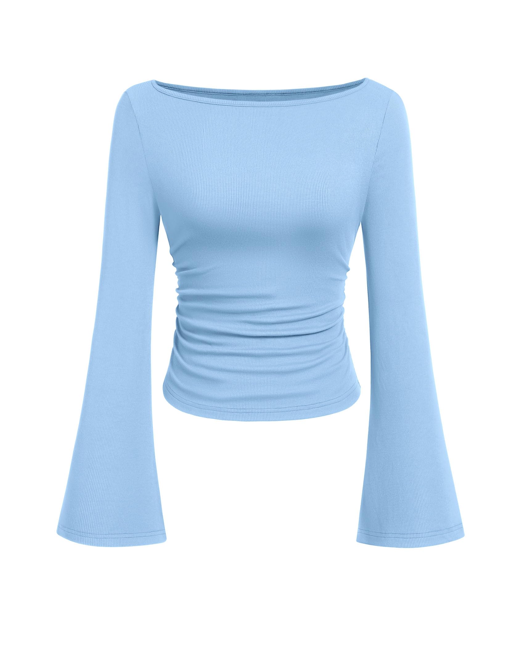 PRETTYGARDEN Womens Long Sleeve Shirts 2026 Spring Crop Going Out Tops Casual Boat Neck Bell Sleeve Ribbed Ruched Y2K Clothes