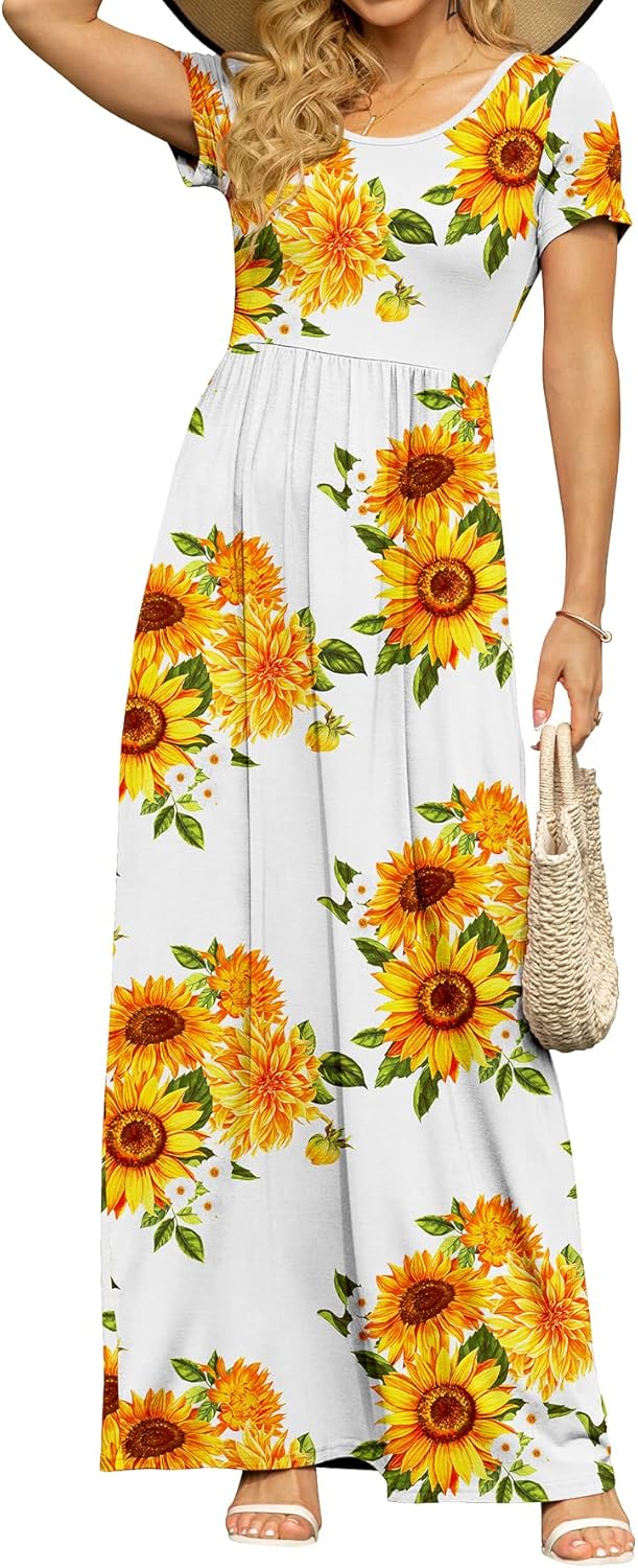 DB MOON Womens 2026 Summer Maxi Dresses Casual Short Sleeve Empire Waist Spring Long Dress with Pockets