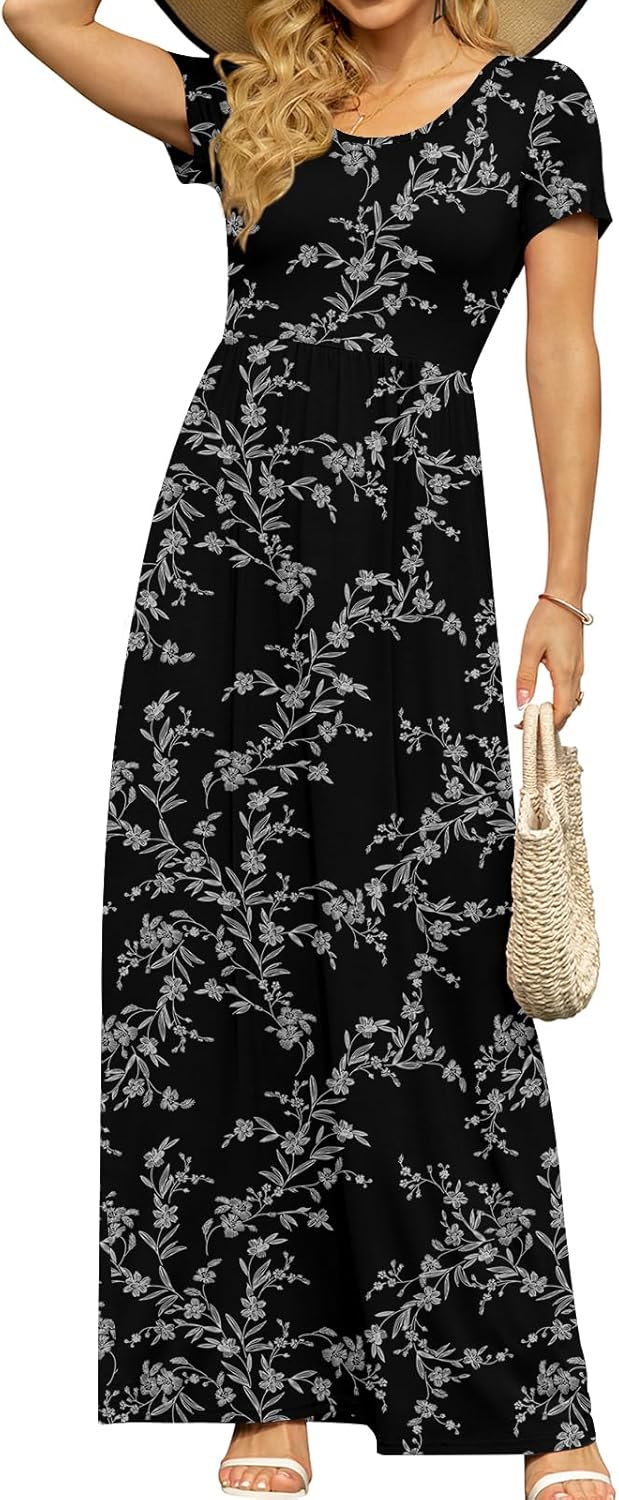 DB MOON Womens 2026 Summer Maxi Dresses Casual Short Sleeve Empire Waist Spring Long Dress with Pockets