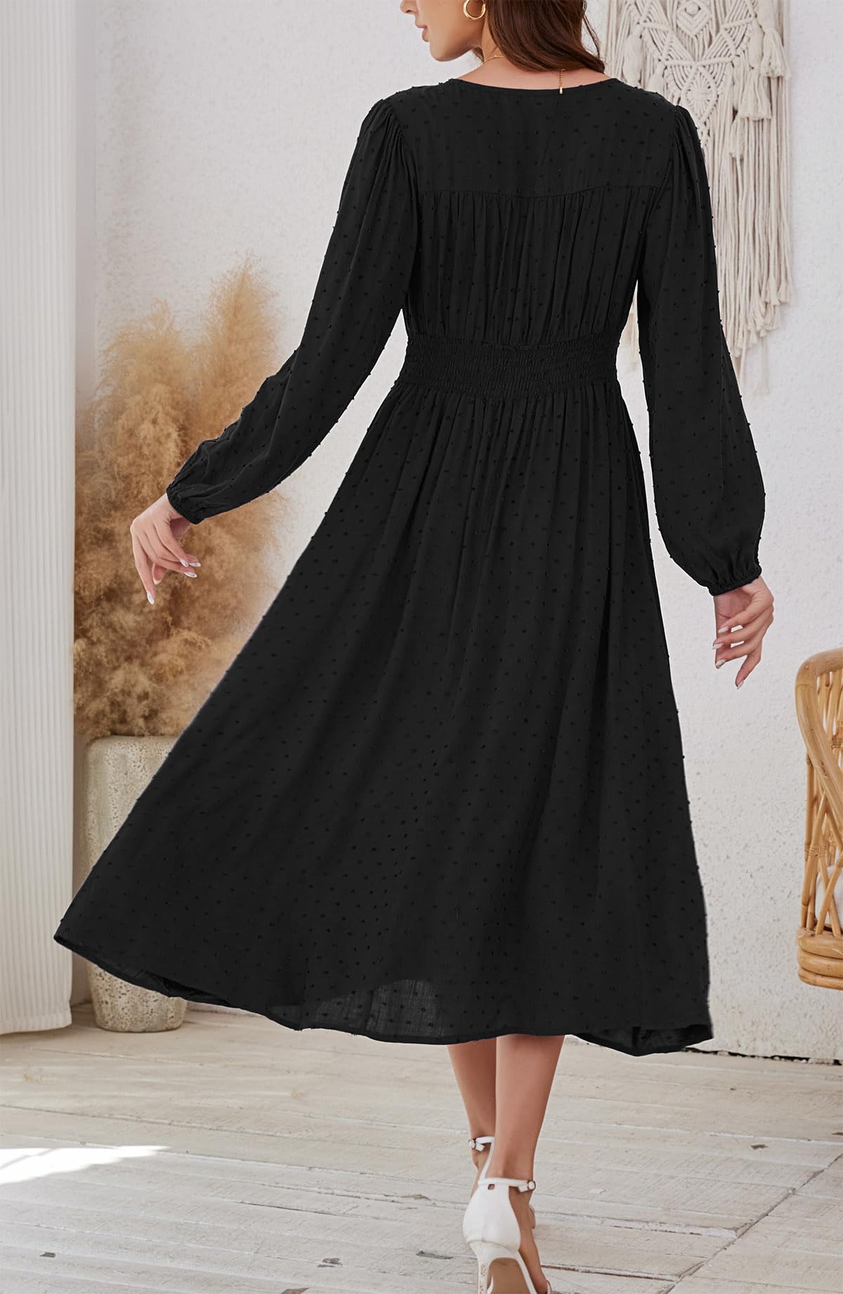 Kormei Women Casual Boho V Neck Long Sleeve Swiss Dot Smocked High Waist A Line Swing Fall Midi Long Dress