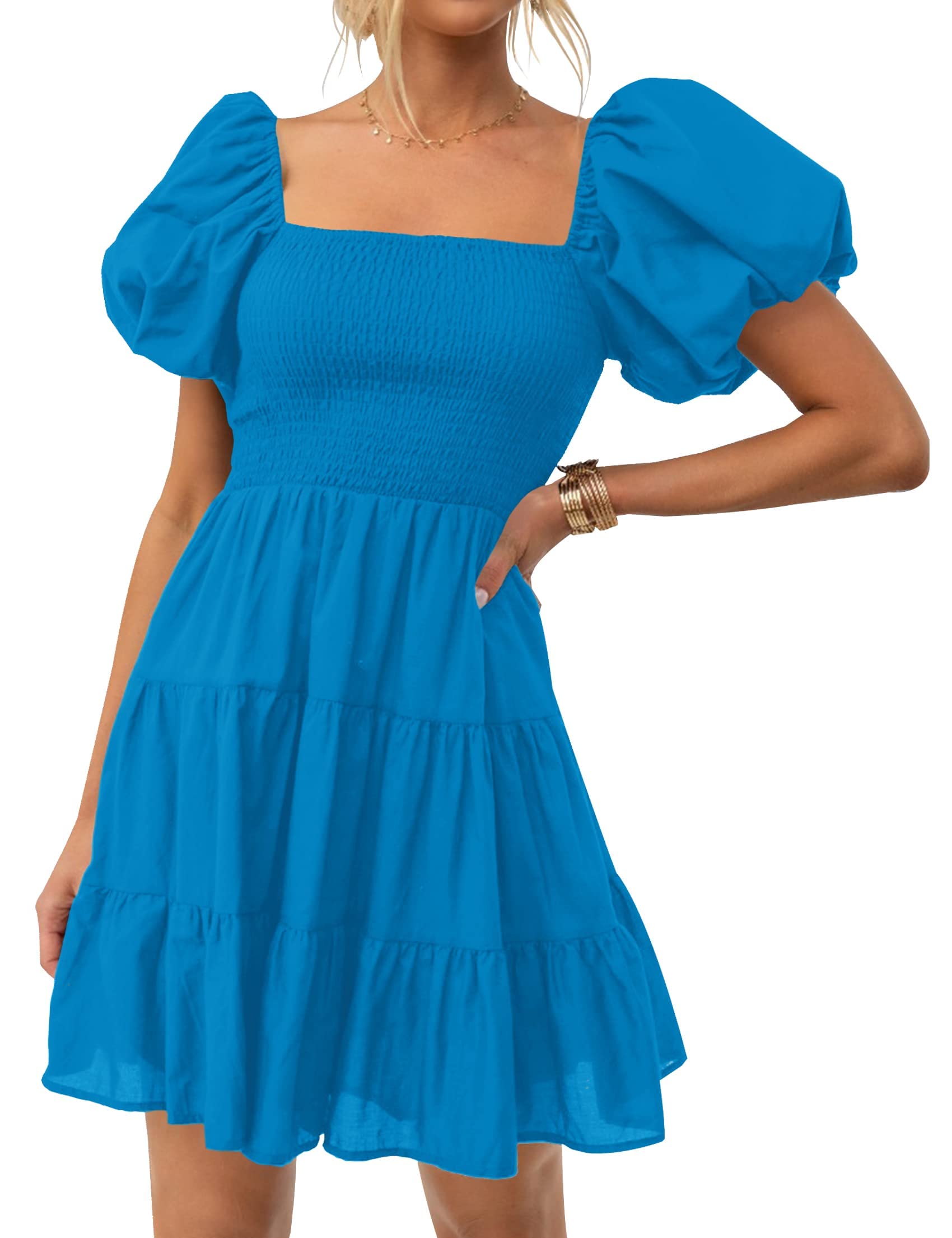 ZESICA Women's Boho 2026 Summer Square Neck Puff Sleeve Off Shoulder Smocked Tiered Casual A Line Short Mini Dress