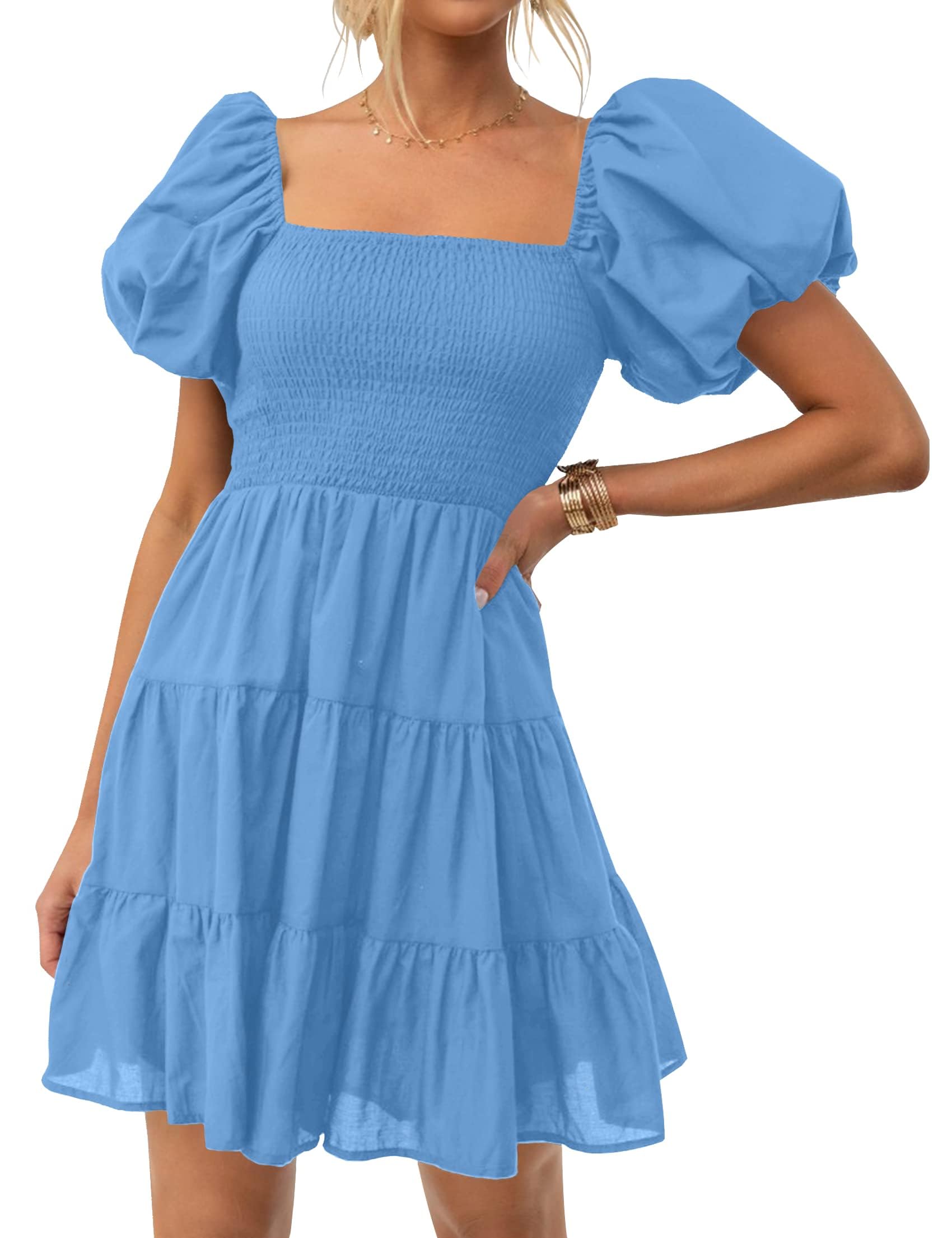ZESICA Women's Boho 2026 Summer Square Neck Puff Sleeve Off Shoulder Smocked Tiered Casual A Line Short Mini Dress