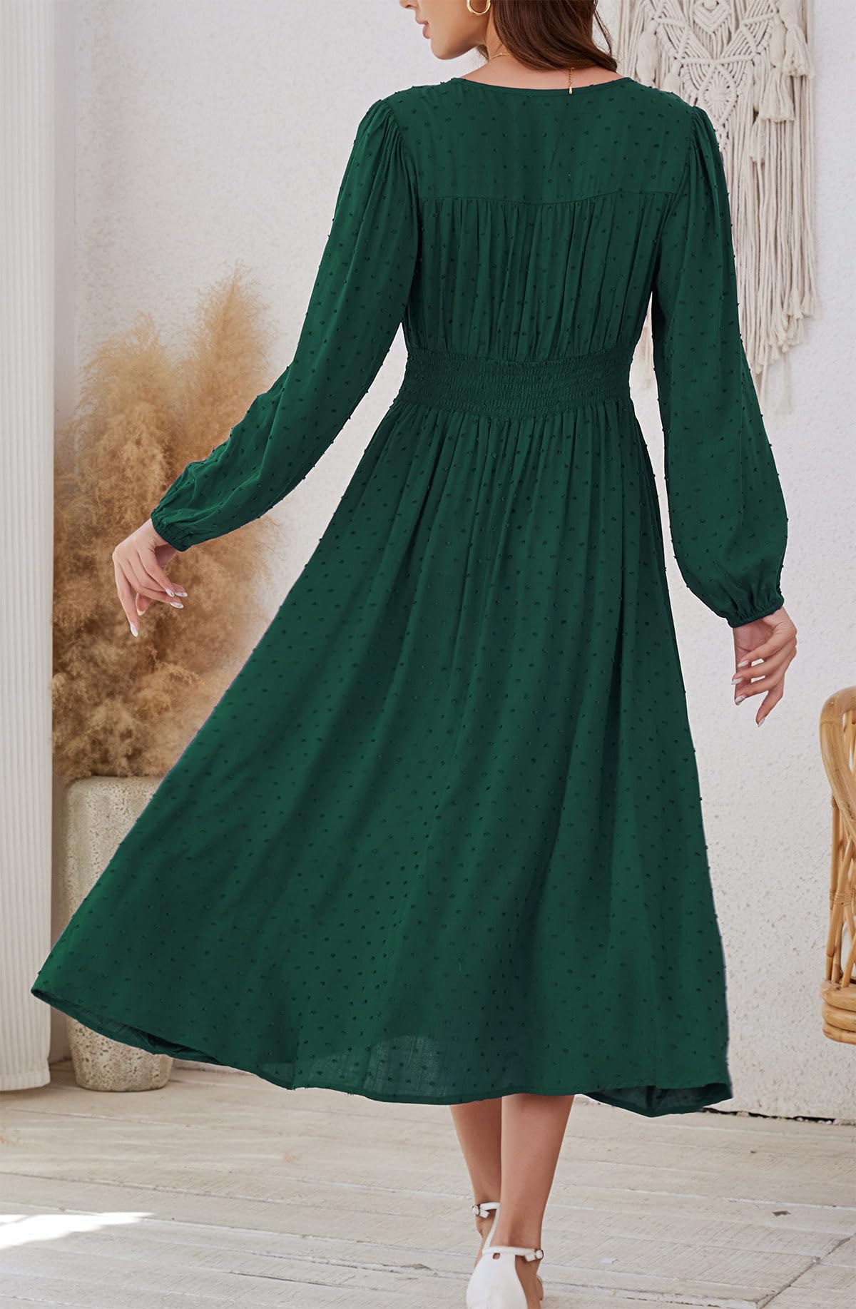 Kormei Women Casual Boho V Neck Long Sleeve Swiss Dot Smocked High Waist A Line Swing Fall Midi Long Dress