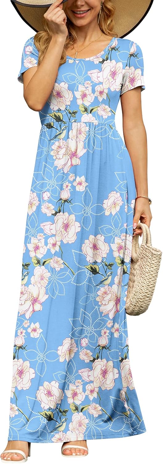 DB MOON Womens 2026 Summer Maxi Dresses Casual Short Sleeve Empire Waist Spring Long Dress with Pockets