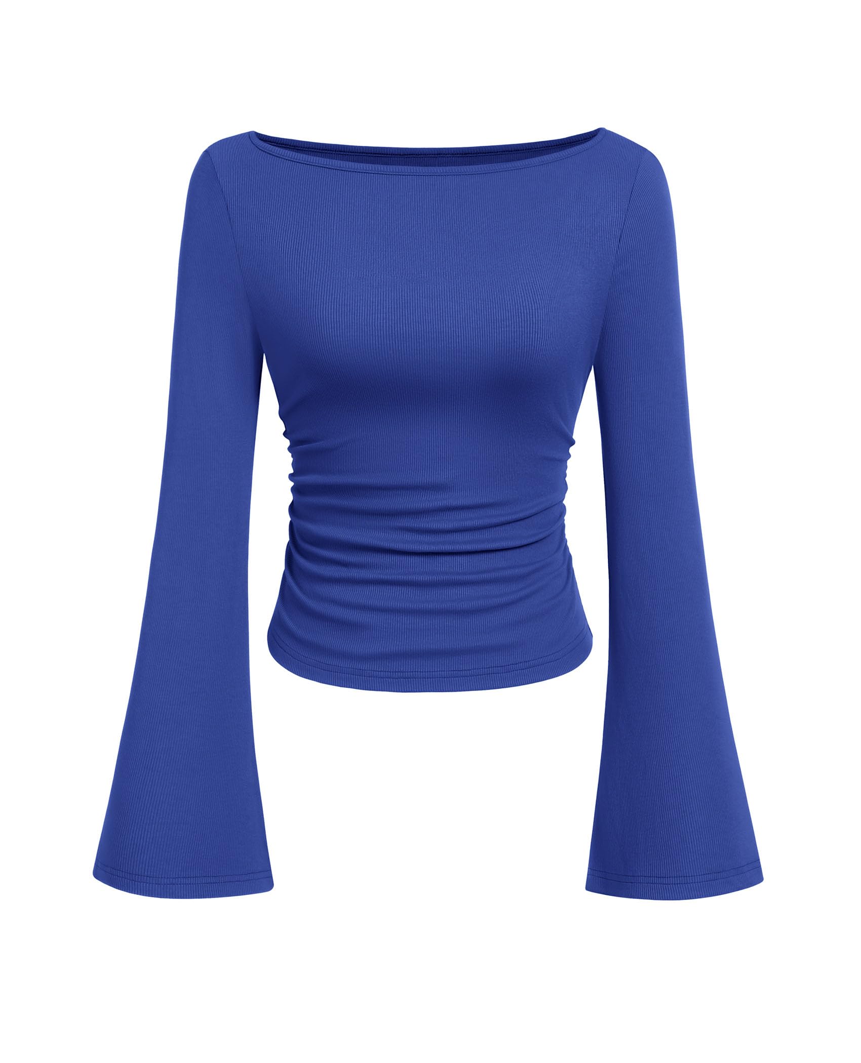 PRETTYGARDEN Womens Long Sleeve Shirts 2026 Spring Crop Going Out Tops Casual Boat Neck Bell Sleeve Ribbed Ruched Y2K Clothes