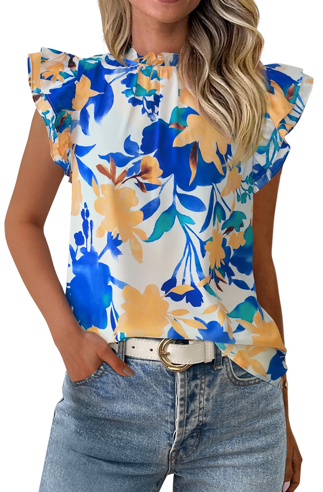 PRETTYGARDEN Women's Ruffle Short Sleeve Summer Tops 2026 Trendy Floral Trim Neck Casual Dressy Chiffon Boho Blouses Shirts