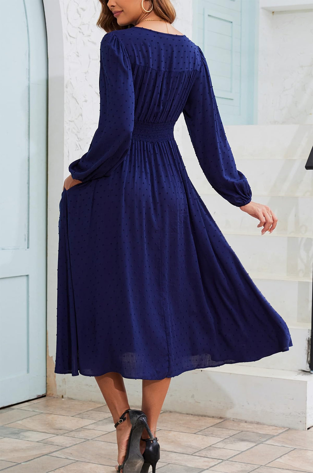 Kormei Women Casual Boho V Neck Long Sleeve Swiss Dot Smocked High Waist A Line Swing Fall Midi Long Dress