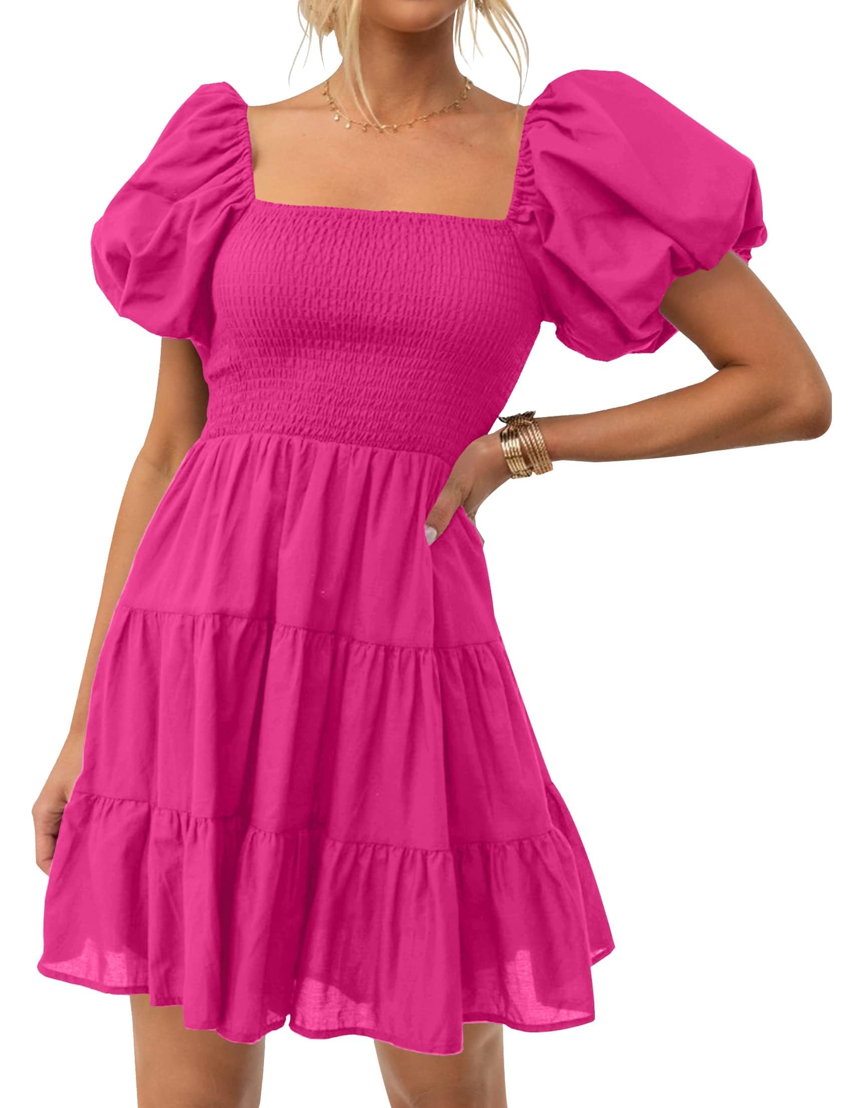 ZESICA Women's Boho 2026 Summer Square Neck Puff Sleeve Off Shoulder Smocked Tiered Casual A Line Short Mini Dress