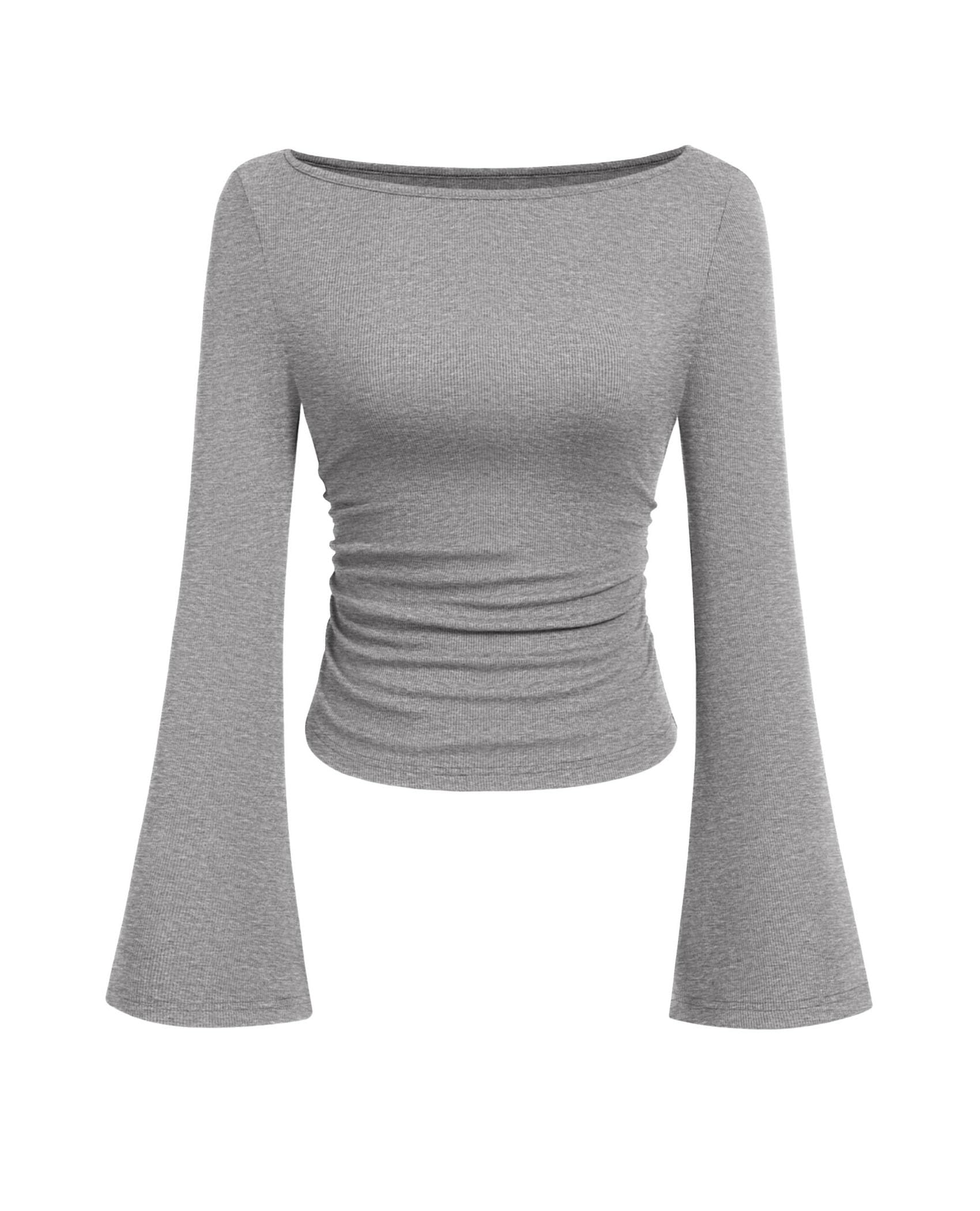 PRETTYGARDEN Womens Long Sleeve Shirts 2026 Spring Crop Going Out Tops Casual Boat Neck Bell Sleeve Ribbed Ruched Y2K Clothes