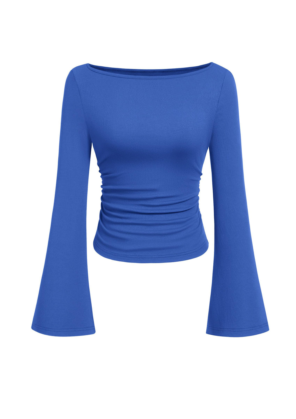 PRETTYGARDEN Womens Long Sleeve Shirts 2026 Spring Crop Going Out Tops Casual Boat Neck Bell Sleeve Ribbed Ruched Y2K Clothes