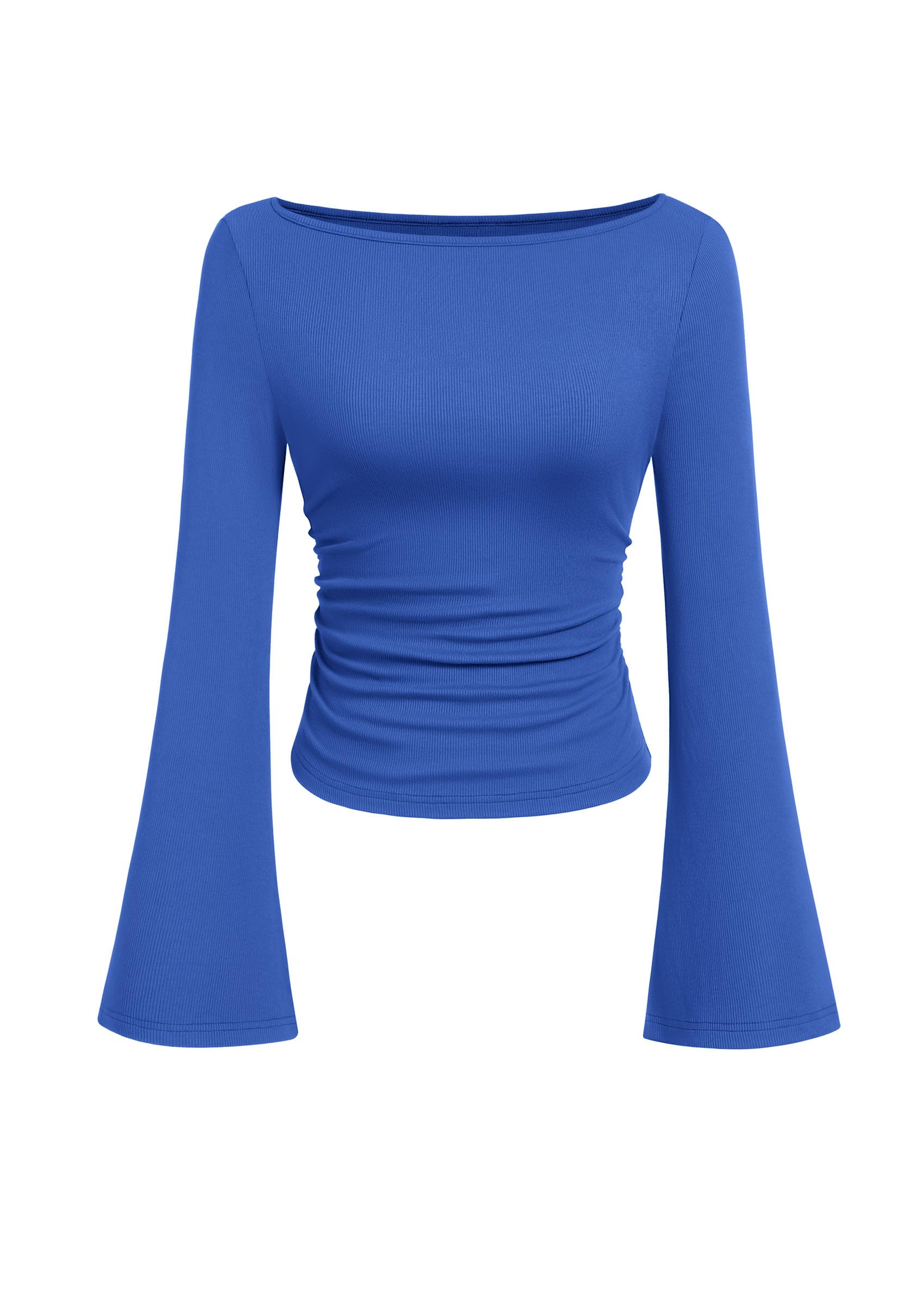 PRETTYGARDEN Womens Long Sleeve Shirts 2026 Spring Crop Going Out Tops Casual Boat Neck Bell Sleeve Ribbed Ruched Y2K Clothes