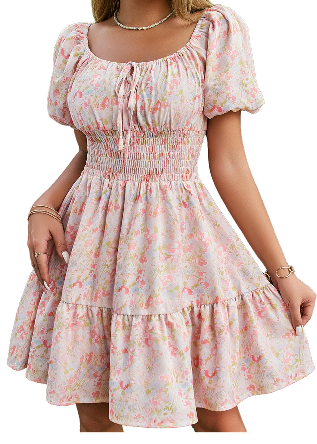 Floerns Women's Boho Square Neck Puff Short Sleeve Self Tie Front A Line Dress