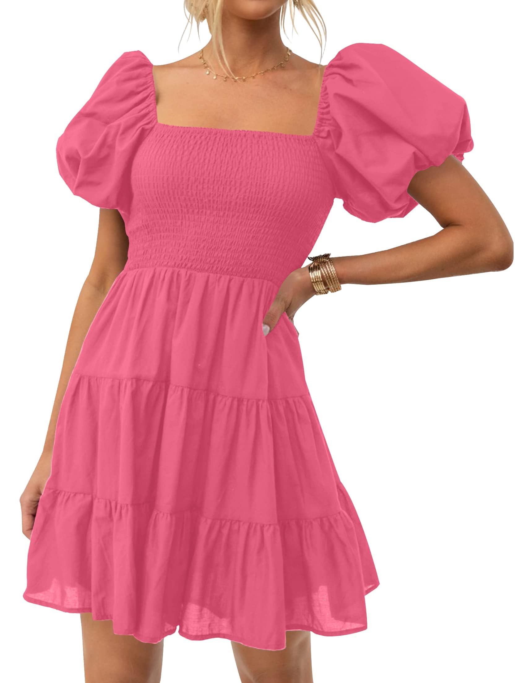 ZESICA Women's Boho 2026 Summer Square Neck Puff Sleeve Off Shoulder Smocked Tiered Casual A Line Short Mini Dress