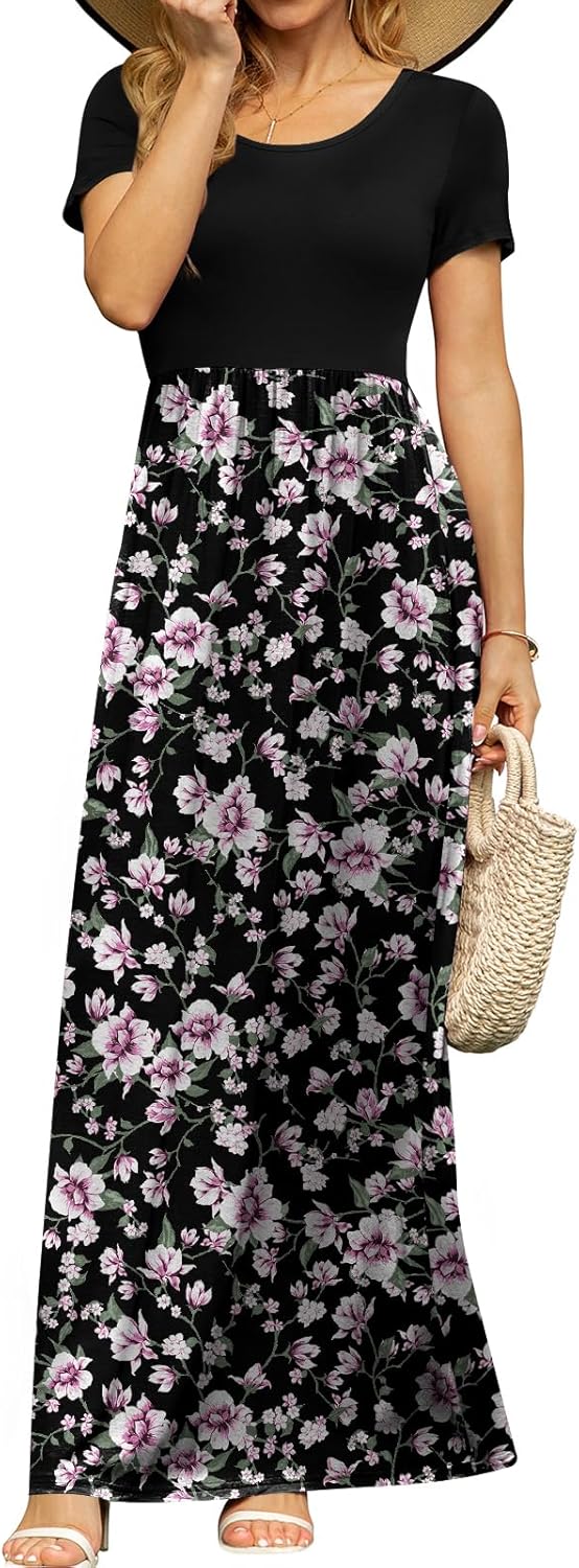 DB MOON Womens 2026 Summer Maxi Dresses Casual Short Sleeve Empire Waist Spring Long Dress with Pockets