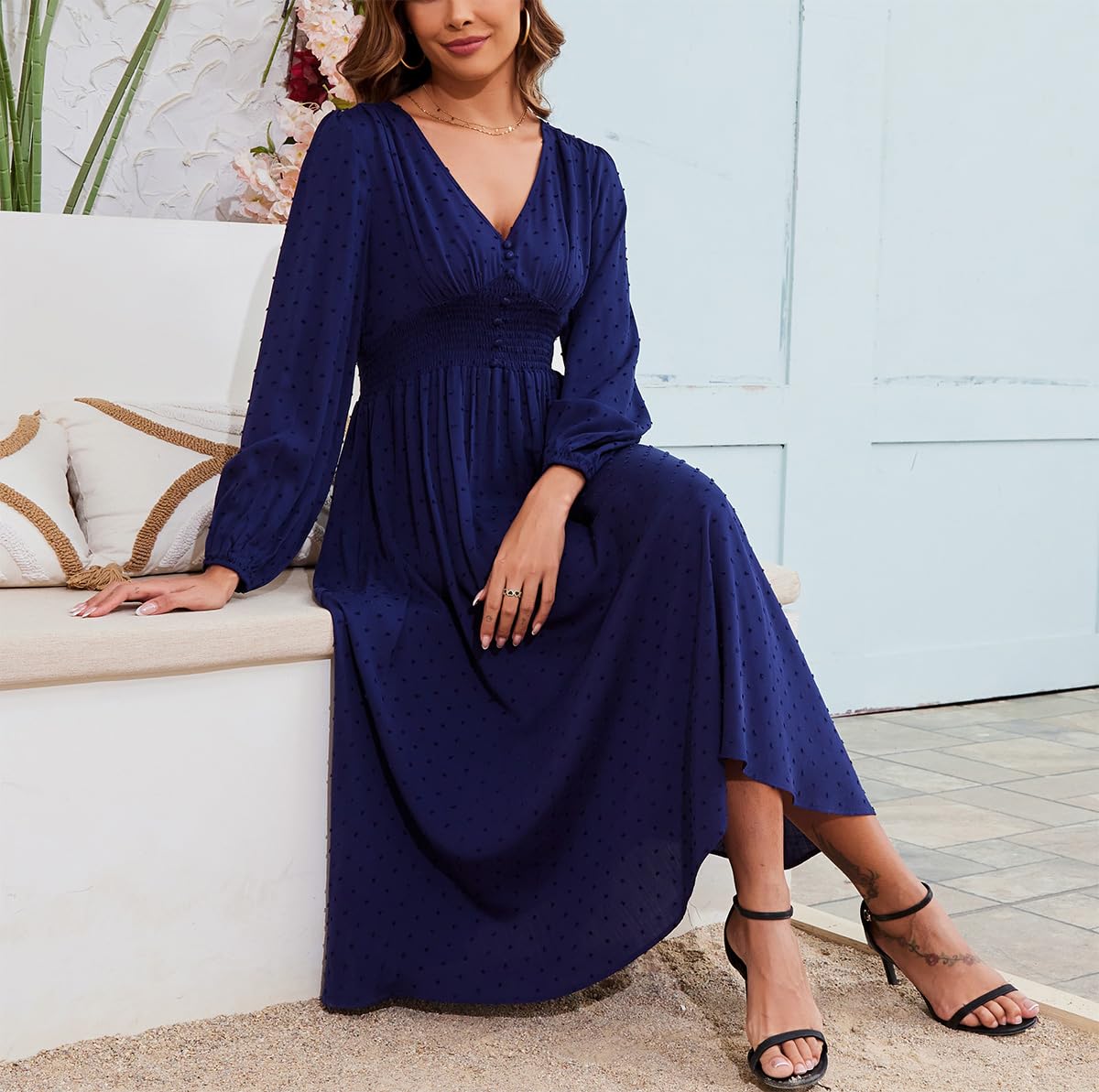 Kormei Women Casual Boho V Neck Long Sleeve Swiss Dot Smocked High Waist A Line Swing Fall Midi Long Dress