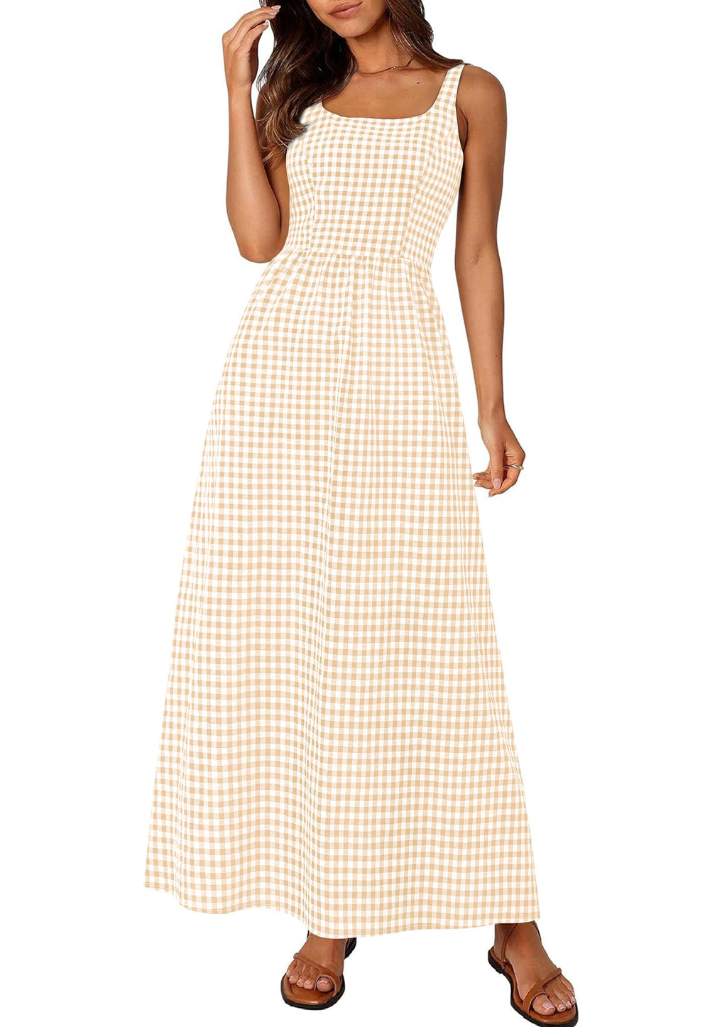 PRETTYGARDEN Women's 2026 Summer Spaghetti Strap Maxi Dresses Plaid Square Neck A Line Casual Beach Vacation Long Sundress