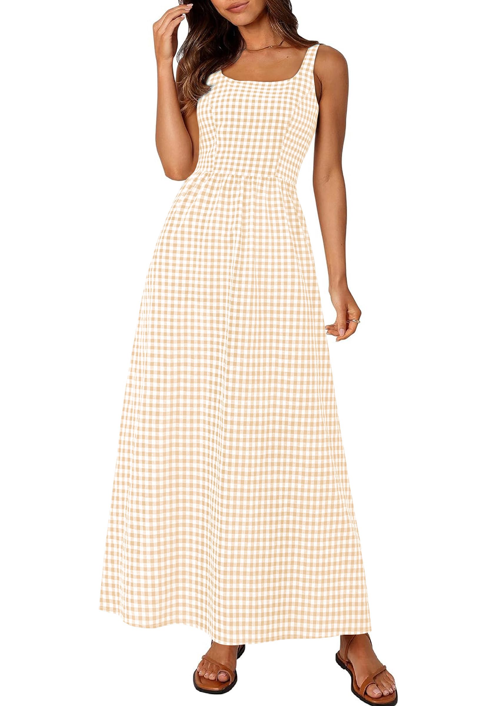 PRETTYGARDEN Women's 2026 Summer Spaghetti Strap Maxi Dresses Plaid Square Neck A Line Casual Beach Vacation Long Sundress