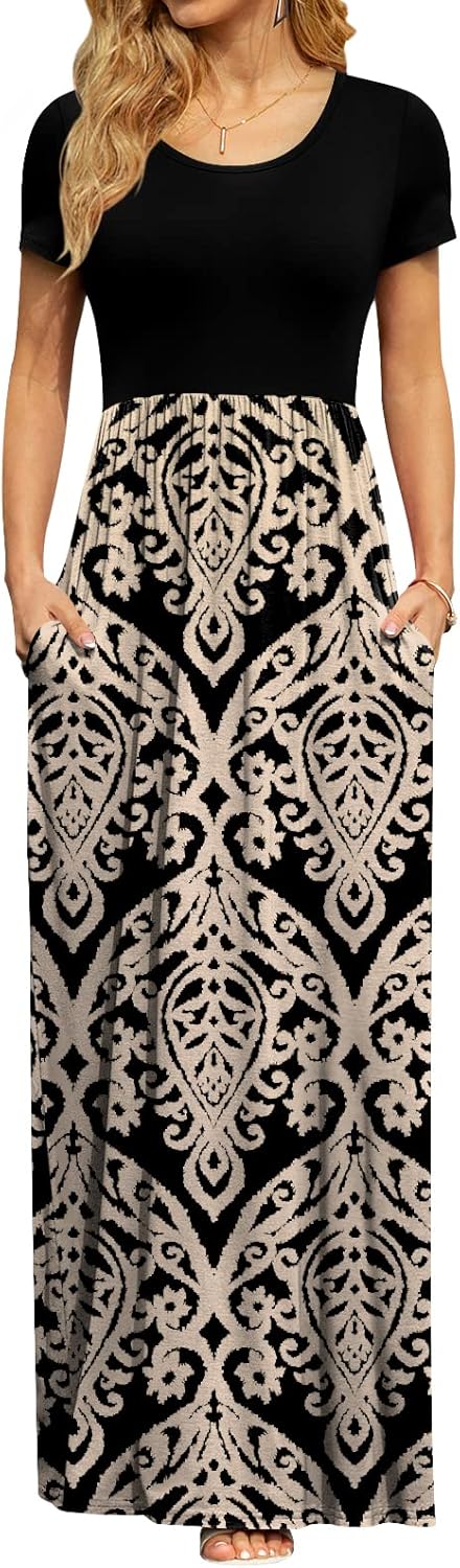 DB MOON Womens 2026 Summer Maxi Dresses Casual Short Sleeve Empire Waist Spring Long Dress with Pockets