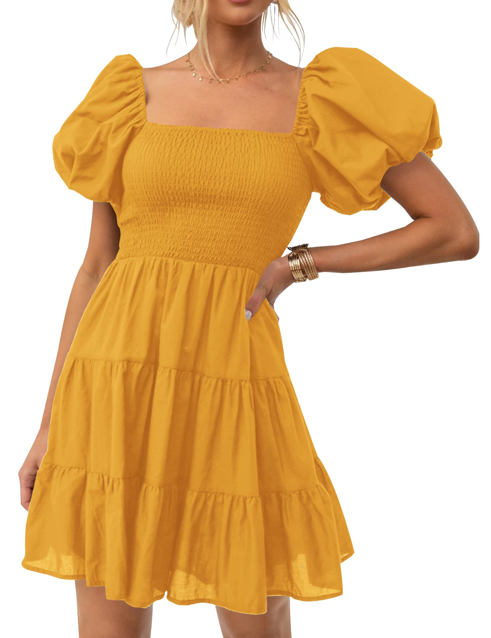 ZESICA Women's Boho 2026 Summer Square Neck Puff Sleeve Off Shoulder Smocked Tiered Casual A Line Short Mini Dress