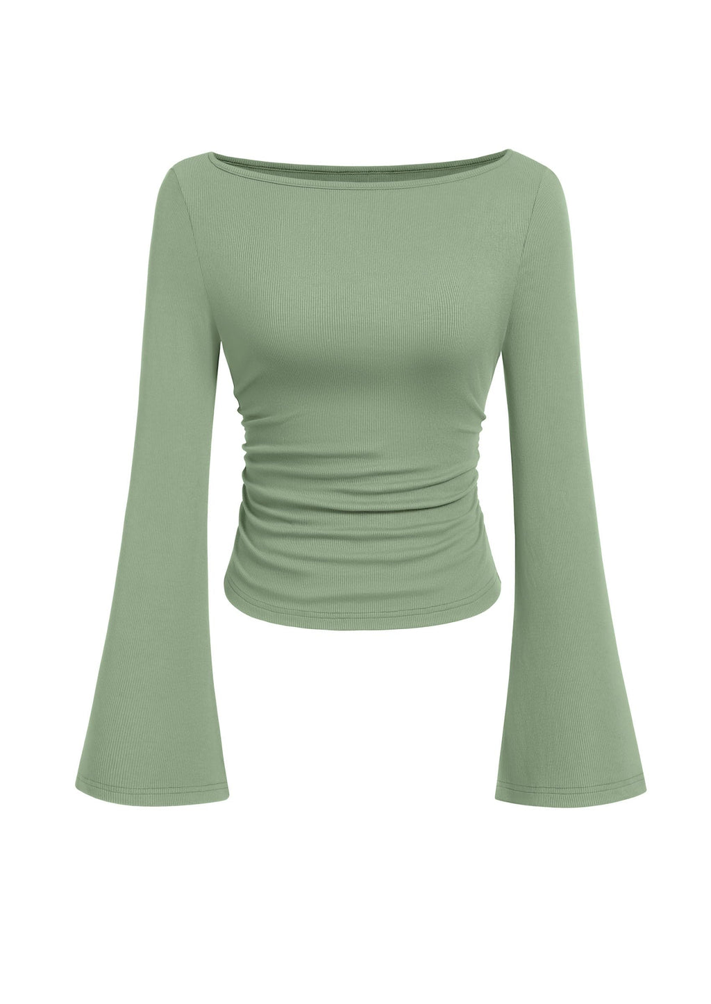 PRETTYGARDEN Womens Long Sleeve Shirts 2026 Spring Crop Going Out Tops Casual Boat Neck Bell Sleeve Ribbed Ruched Y2K Clothes