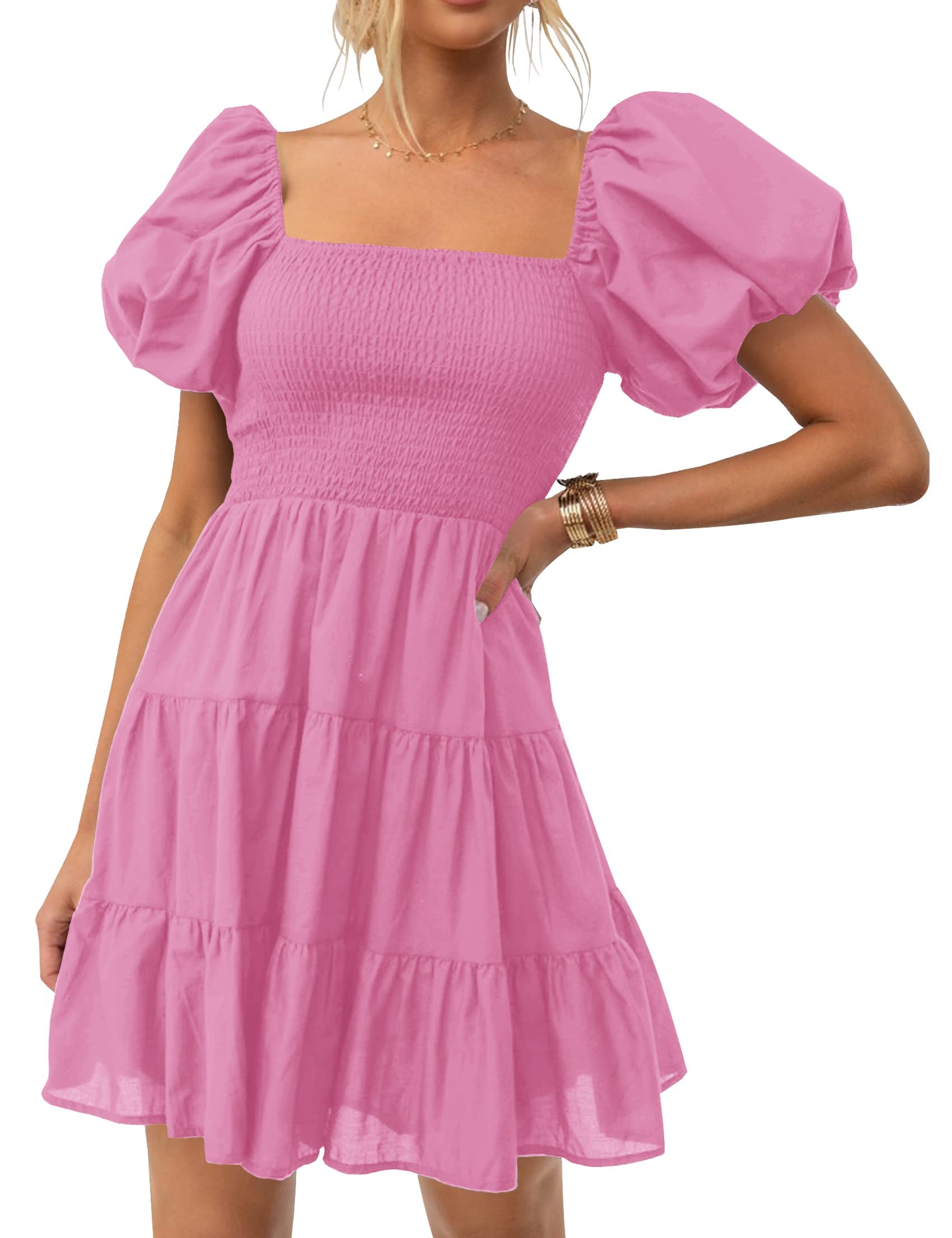 ZESICA Women's Boho 2026 Summer Square Neck Puff Sleeve Off Shoulder Smocked Tiered Casual A Line Short Mini Dress