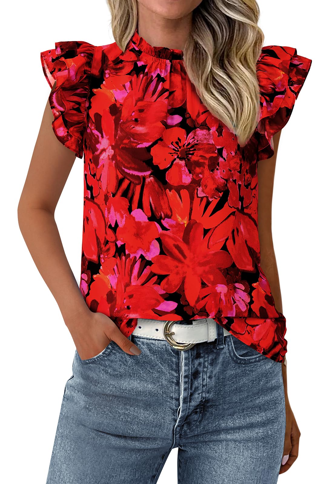 PRETTYGARDEN Women's Ruffle Short Sleeve Summer Tops 2026 Trendy Floral Trim Neck Casual Dressy Chiffon Boho Blouses Shirts
