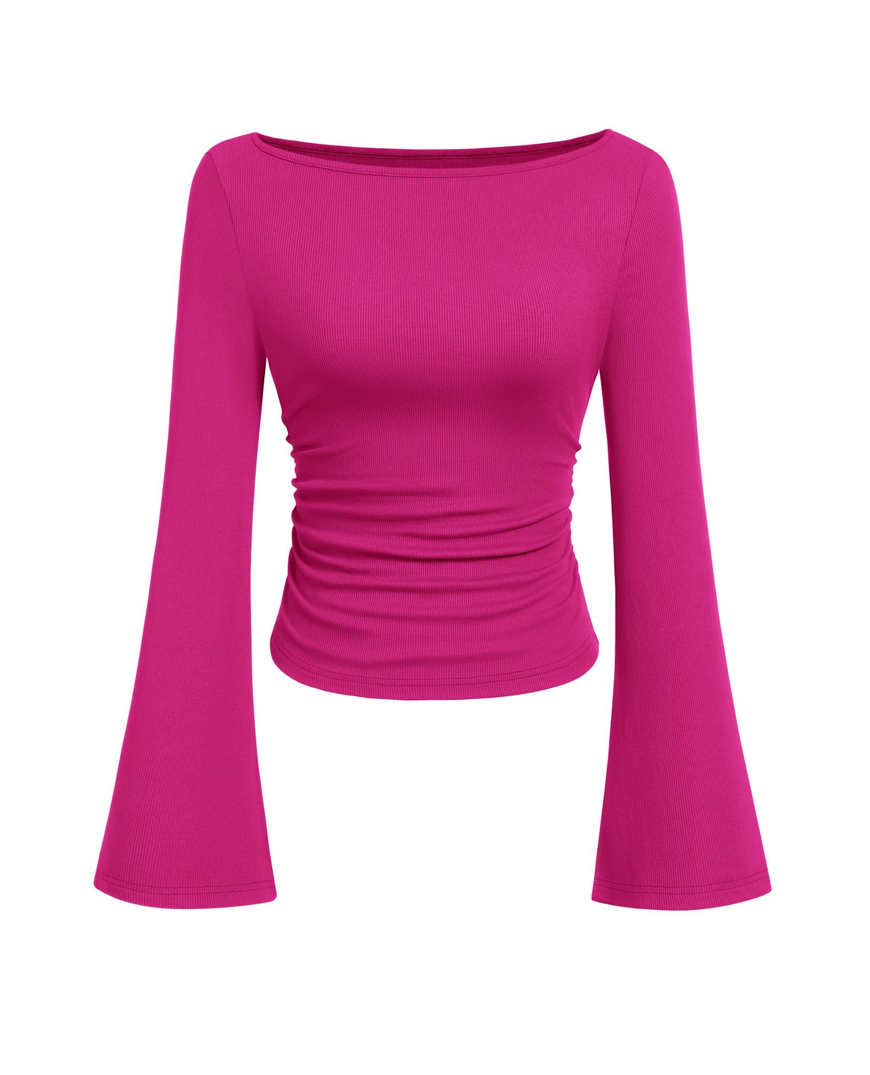 PRETTYGARDEN Womens Long Sleeve Shirts 2026 Spring Crop Going Out Tops Casual Boat Neck Bell Sleeve Ribbed Ruched Y2K Clothes