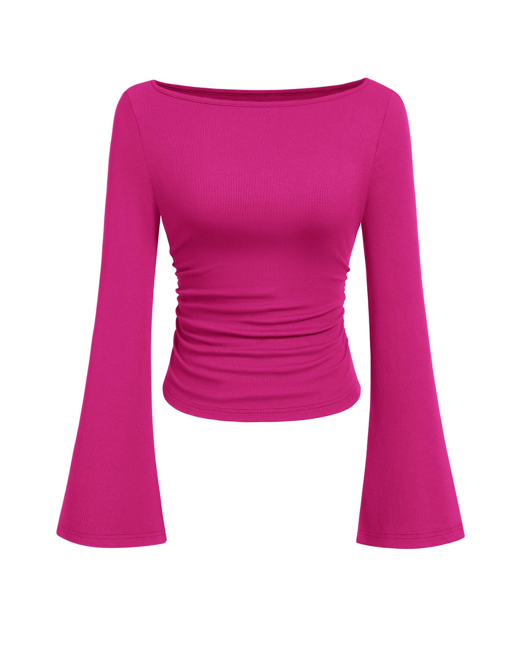 PRETTYGARDEN Womens Long Sleeve Shirts 2026 Spring Crop Going Out Tops Casual Boat Neck Bell Sleeve Ribbed Ruched Y2K Clothes