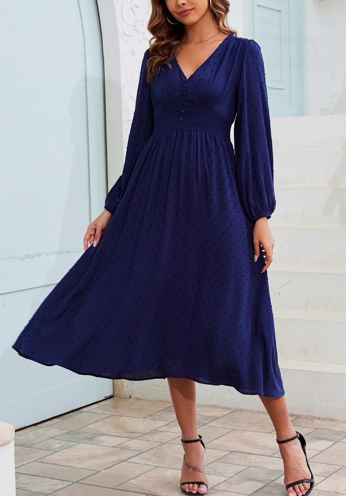 Kormei Women Casual Boho V Neck Long Sleeve Swiss Dot Smocked High Waist A Line Swing Fall Midi Long Dress