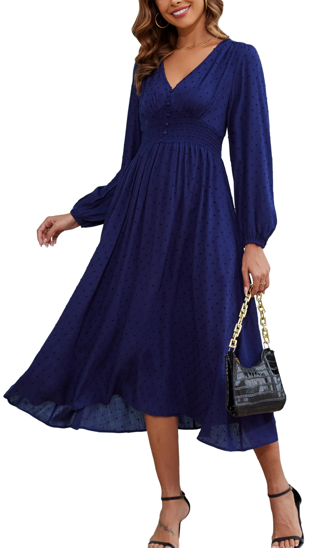 Kormei Women Casual Boho V Neck Long Sleeve Swiss Dot Smocked High Waist A Line Swing Fall Midi Long Dress