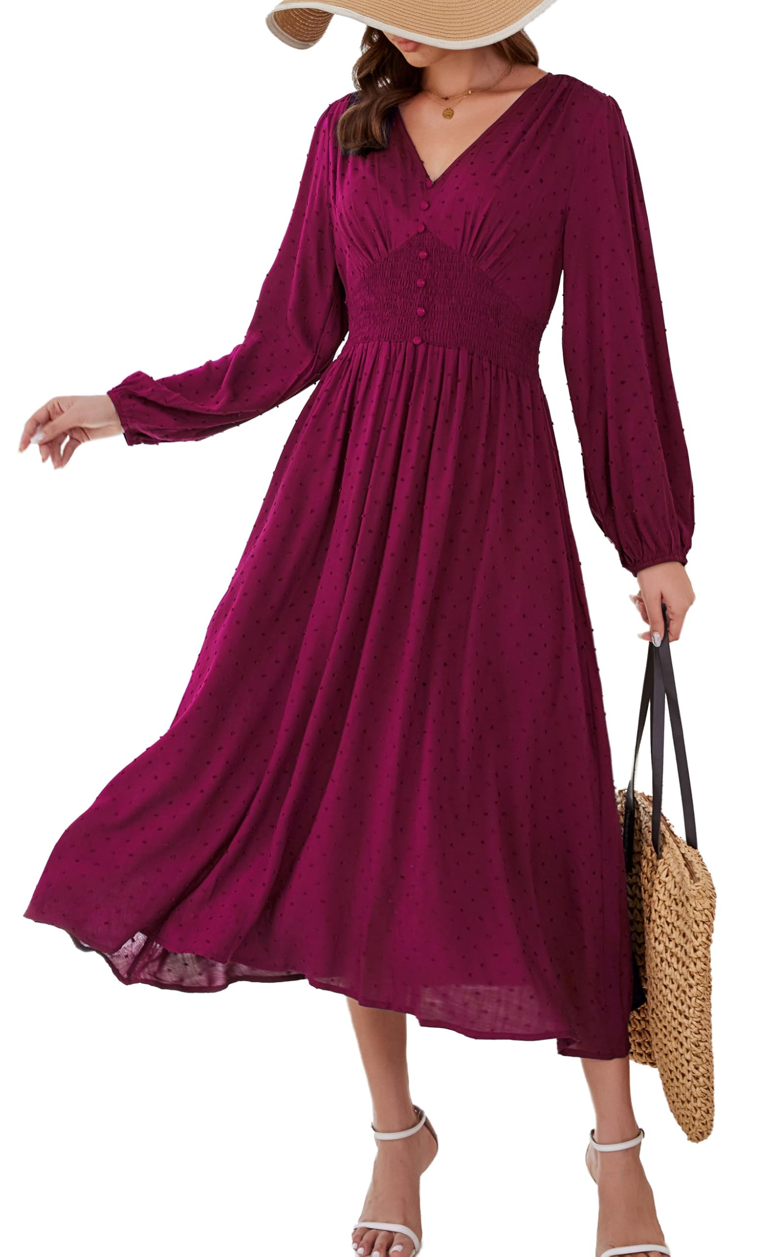 Kormei Women Casual Boho V Neck Long Sleeve Swiss Dot Smocked High Waist A Line Swing Fall Midi Long Dress