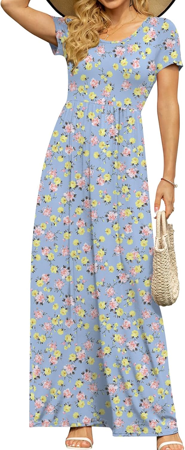 DB MOON Womens 2026 Summer Maxi Dresses Casual Short Sleeve Empire Waist Spring Long Dress with Pockets