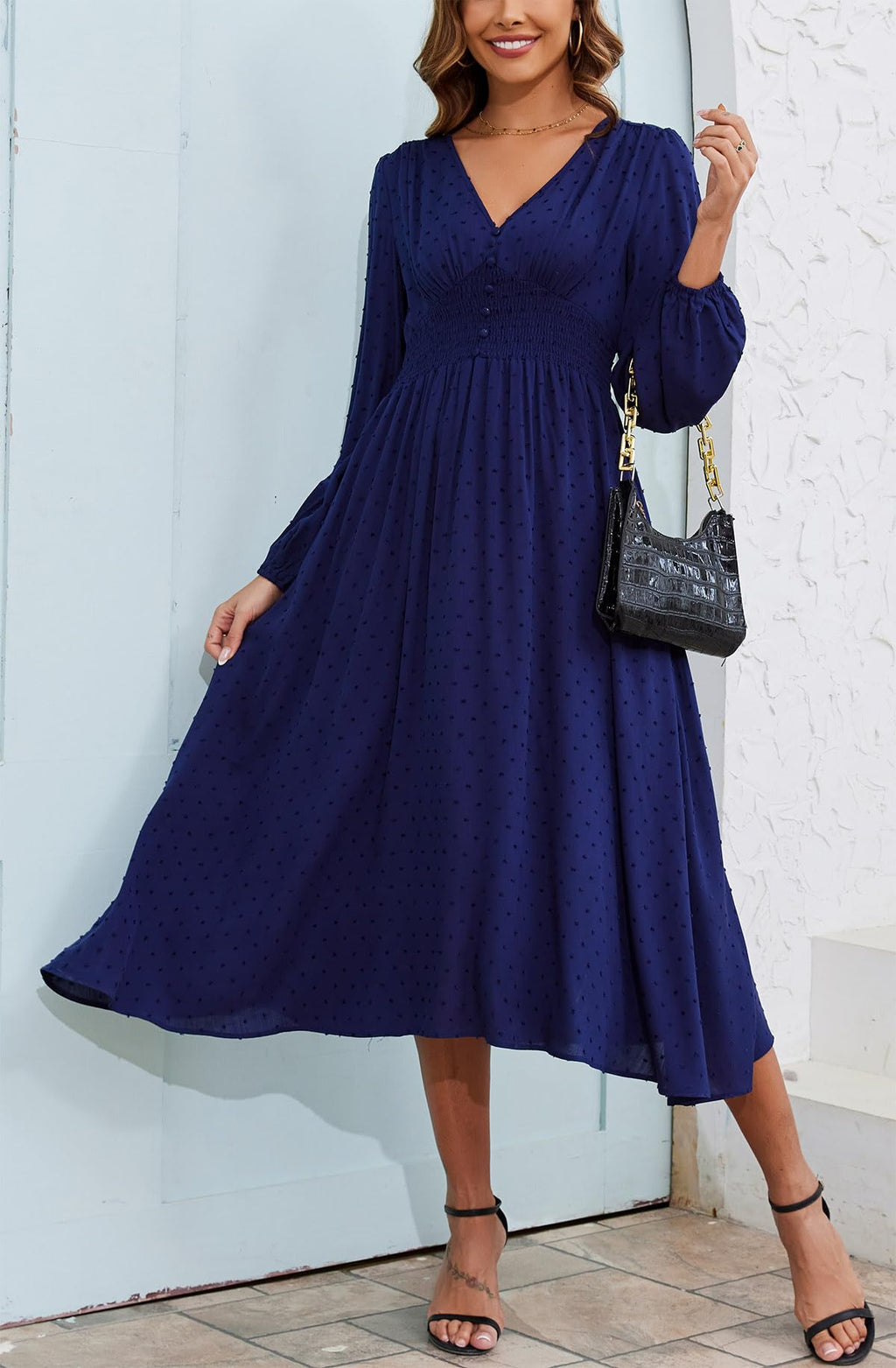 Kormei Women Casual Boho V Neck Long Sleeve Swiss Dot Smocked High Waist A Line Swing Fall Midi Long Dress