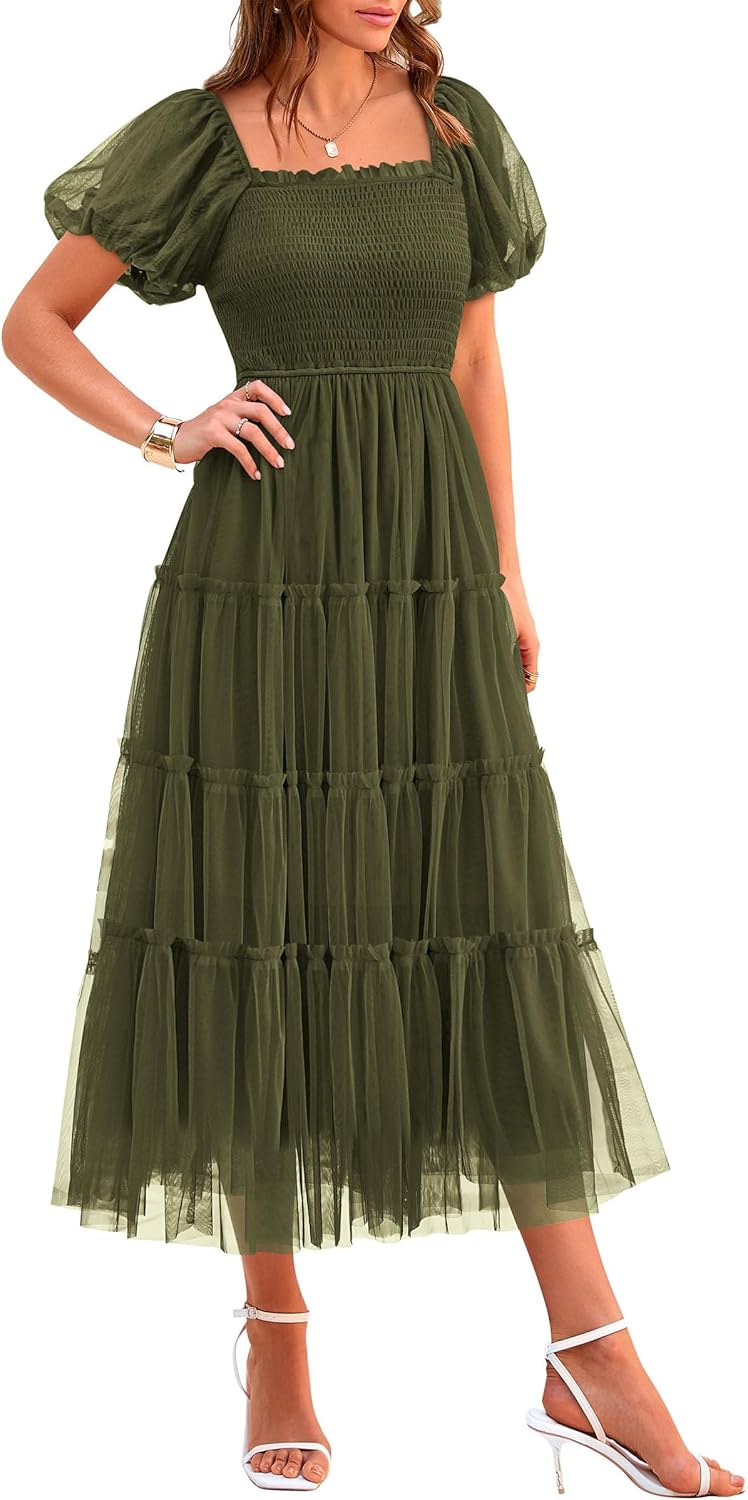 PRETTYGARDEN Women's Smocked Midi Tulle Dress 2026 Summer Puffy Short Sleeve Square Neck Ruffle Wedding Guest Party Dresses