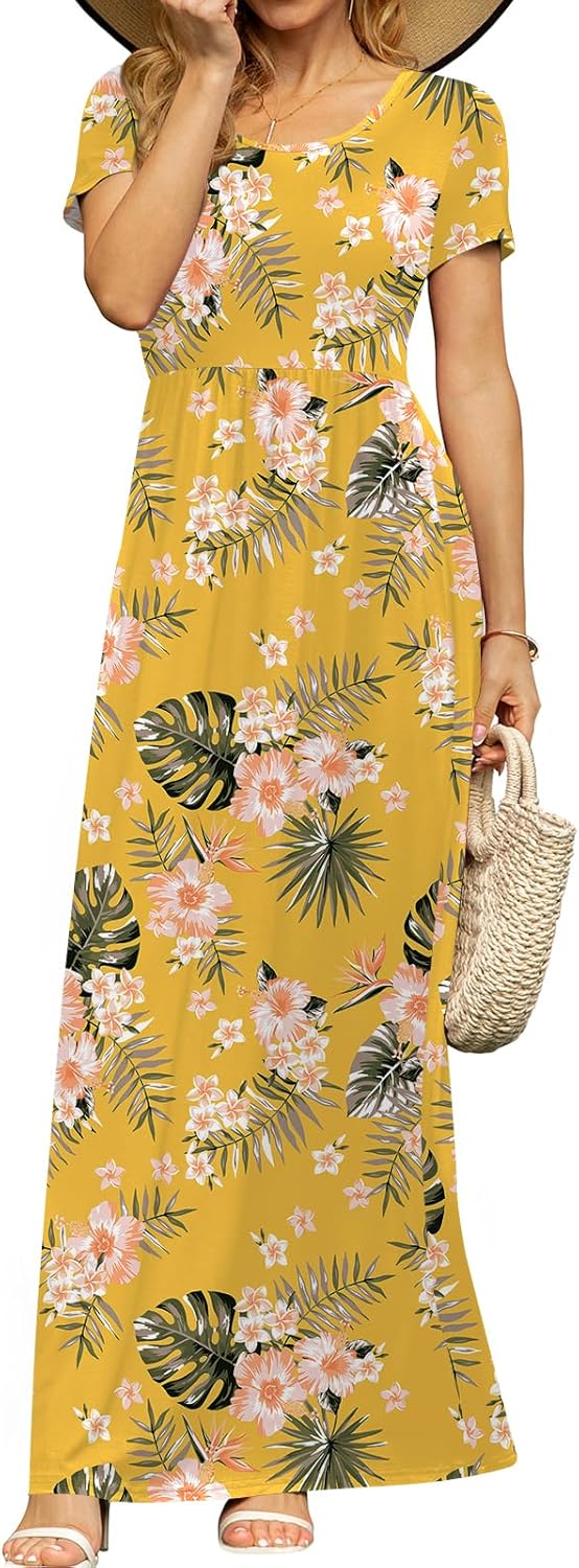 DB MOON Womens 2026 Summer Maxi Dresses Casual Short Sleeve Empire Waist Spring Long Dress with Pockets