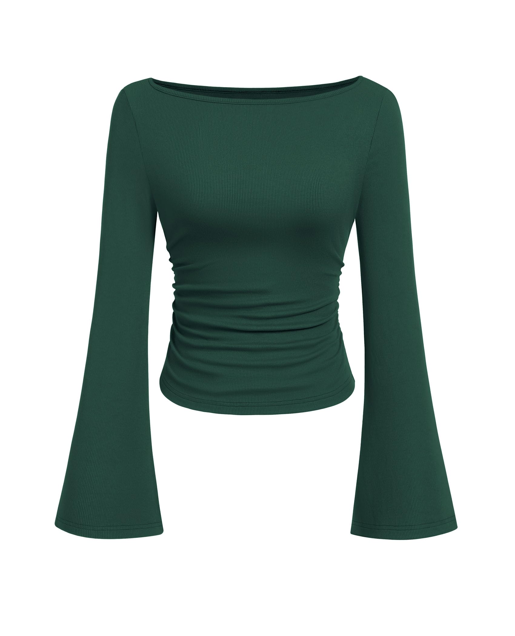 PRETTYGARDEN Womens Long Sleeve Shirts 2026 Spring Crop Going Out Tops Casual Boat Neck Bell Sleeve Ribbed Ruched Y2K Clothes