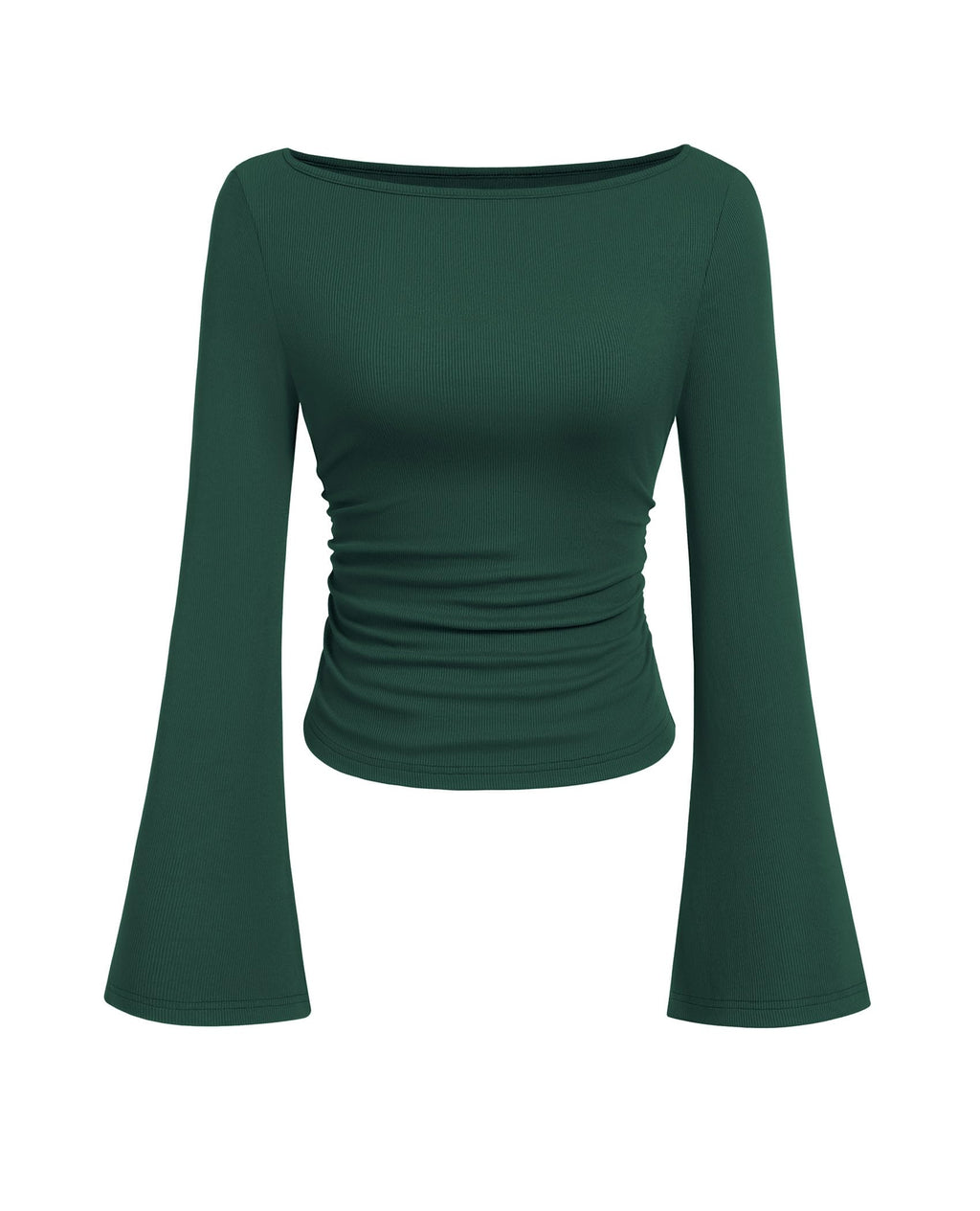 PRETTYGARDEN Womens Long Sleeve Shirts 2026 Spring Crop Going Out Tops Casual Boat Neck Bell Sleeve Ribbed Ruched Y2K Clothes