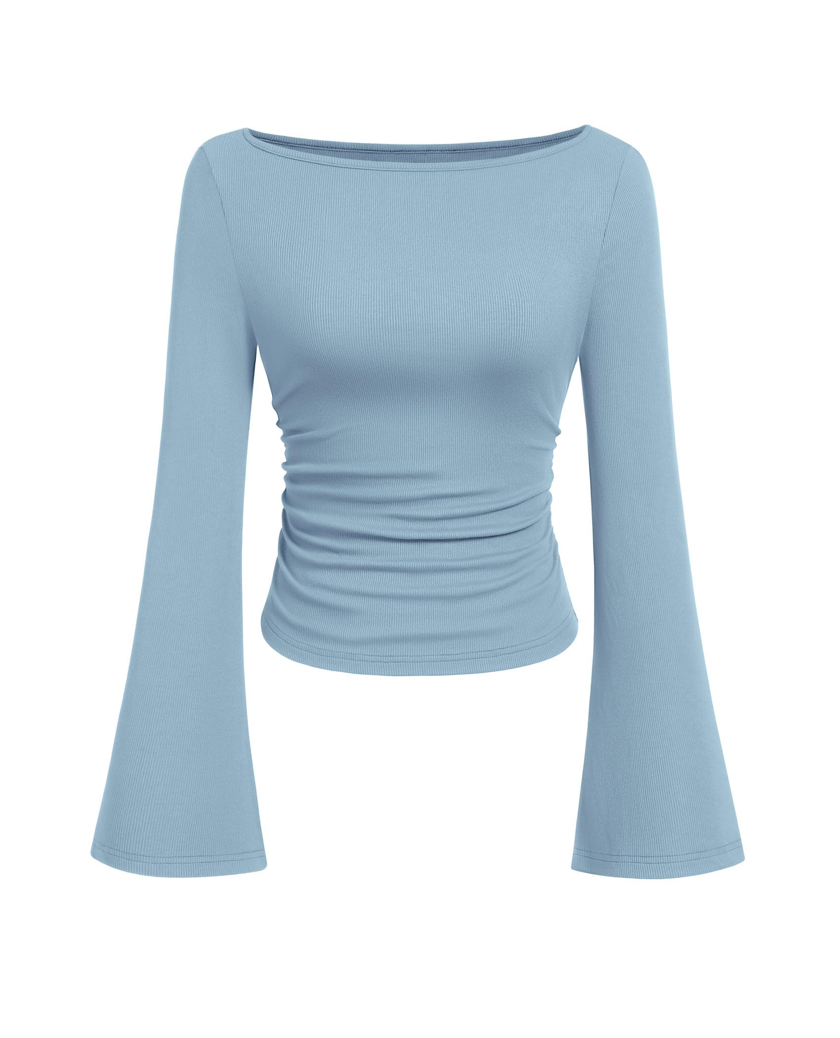 PRETTYGARDEN Womens Long Sleeve Shirts 2026 Spring Crop Going Out Tops Casual Boat Neck Bell Sleeve Ribbed Ruched Y2K Clothes