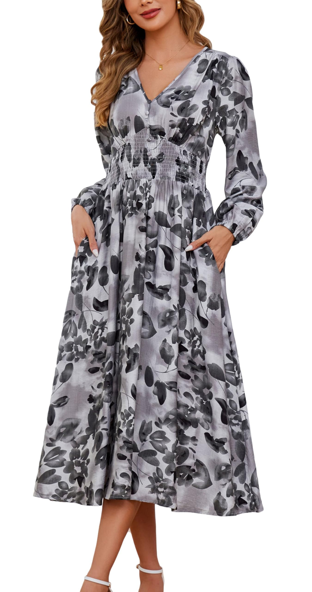 Kormei Women Casual Boho V Neck Long Sleeve Swiss Dot Smocked High Waist A Line Swing Fall Midi Long Dress