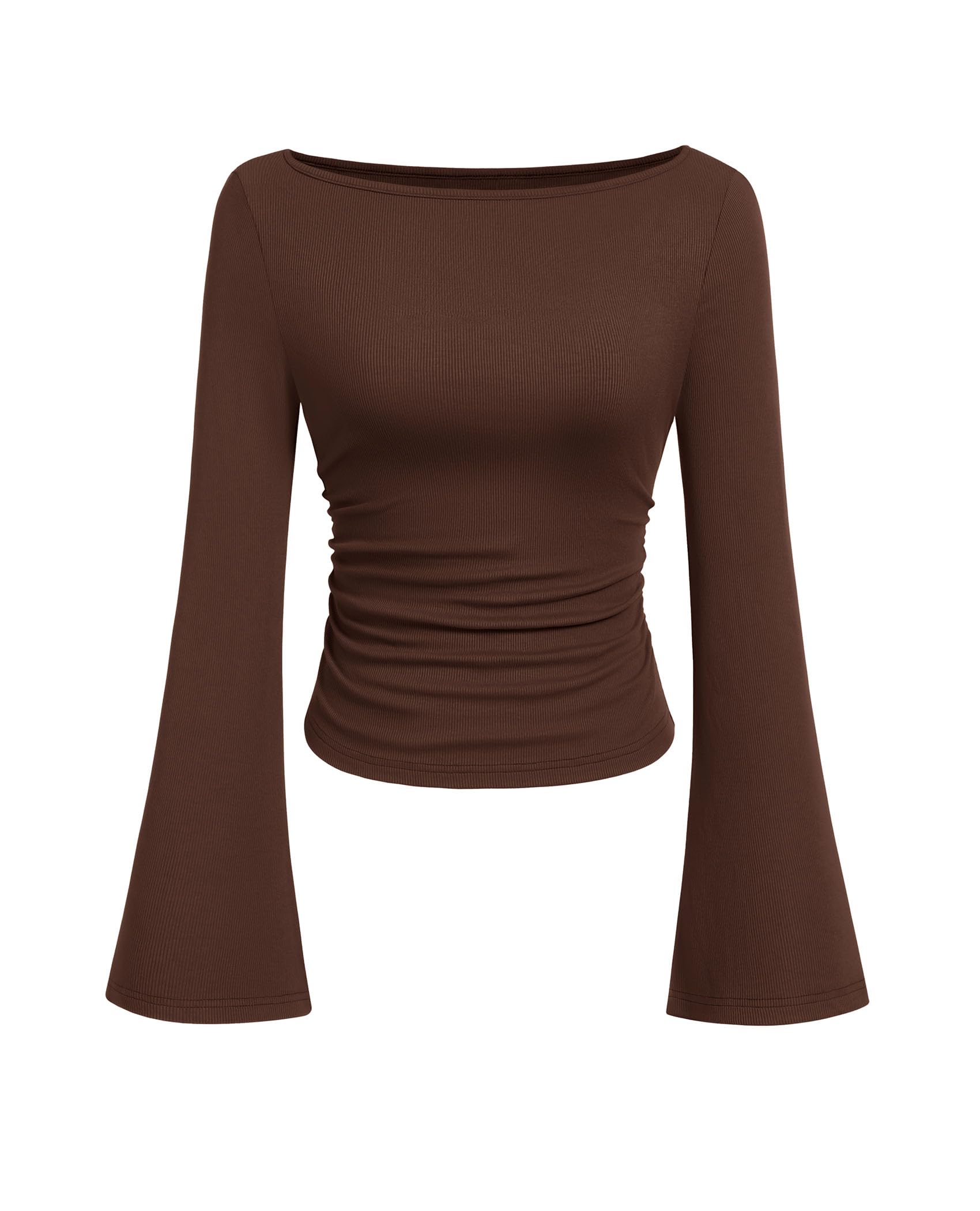 PRETTYGARDEN Womens Long Sleeve Shirts 2026 Spring Crop Going Out Tops Casual Boat Neck Bell Sleeve Ribbed Ruched Y2K Clothes