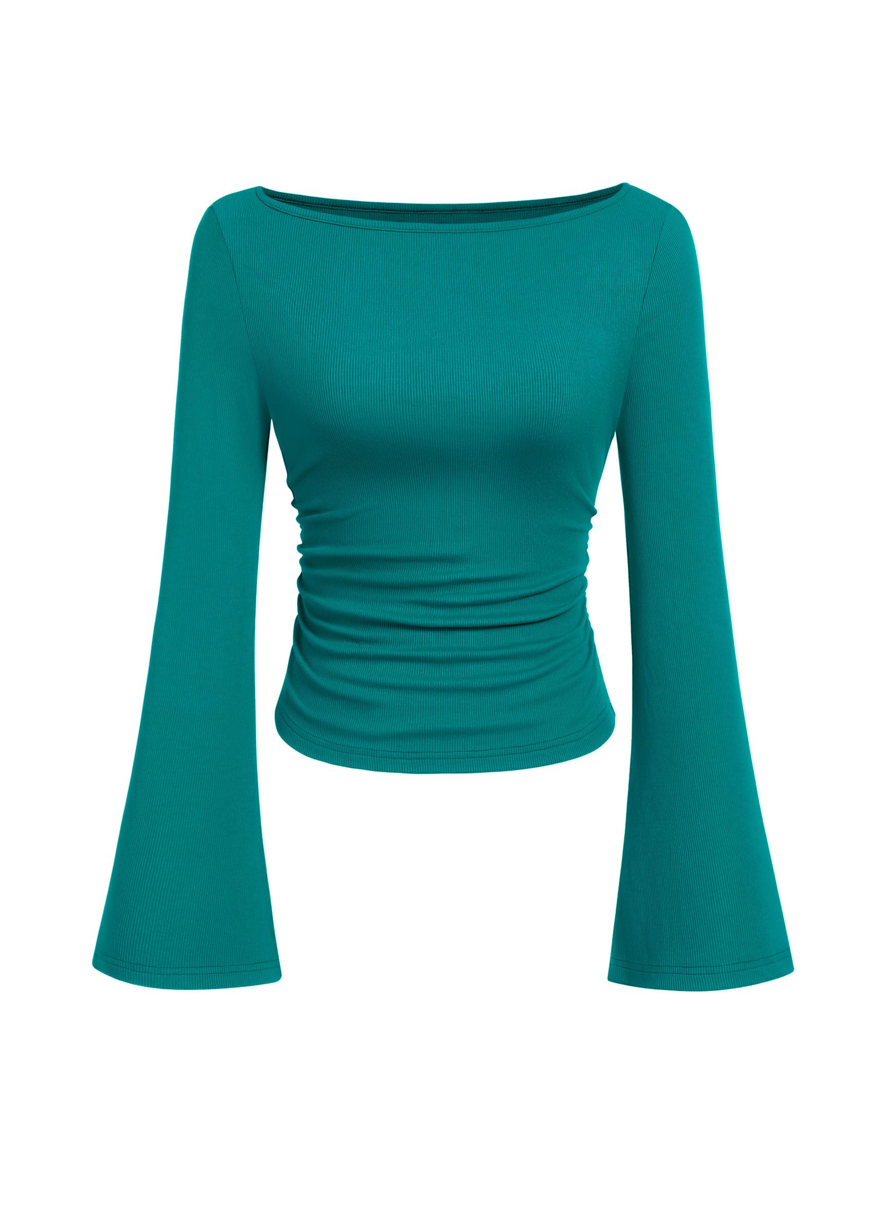 PRETTYGARDEN Womens Long Sleeve Shirts 2026 Spring Crop Going Out Tops Casual Boat Neck Bell Sleeve Ribbed Ruched Y2K Clothes