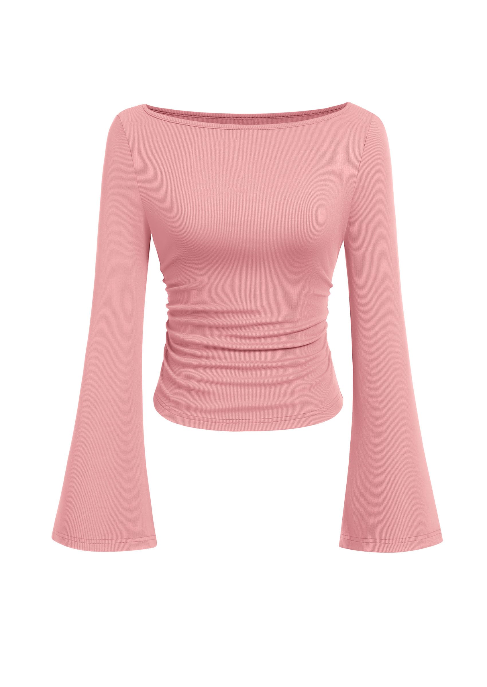 PRETTYGARDEN Womens Long Sleeve Shirts 2026 Spring Crop Going Out Tops Casual Boat Neck Bell Sleeve Ribbed Ruched Y2K Clothes